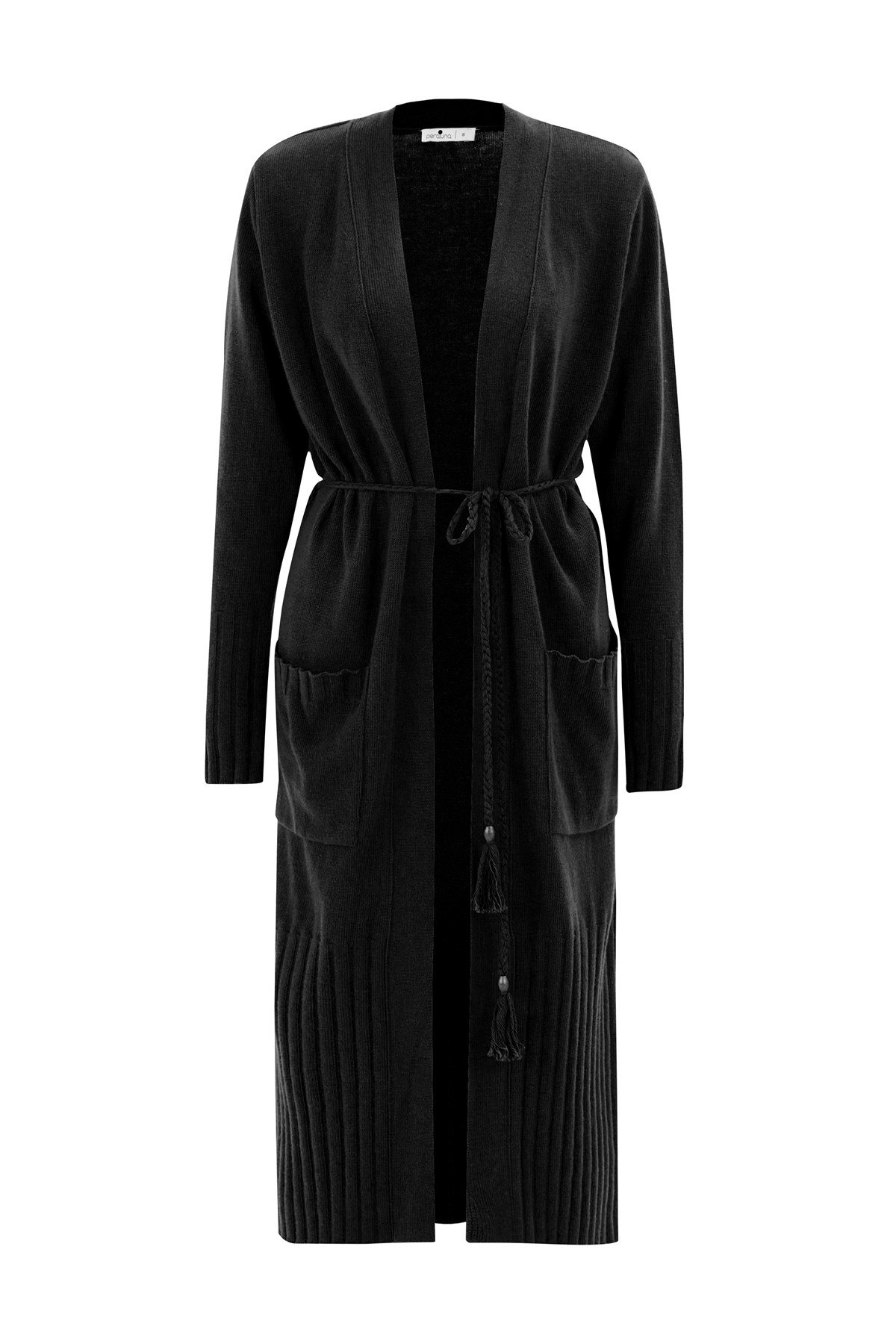 Peraluna Kemerli Şal Yaka Kaşmir Karışım Uzun Kadın Triko Hırka Siyah