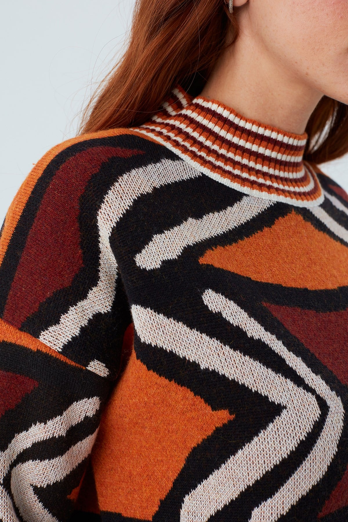 Peraluna KENDA PULLOVER Etnik Jakar Desenli Yünlü Krop Kadın Triko Kazak Multi