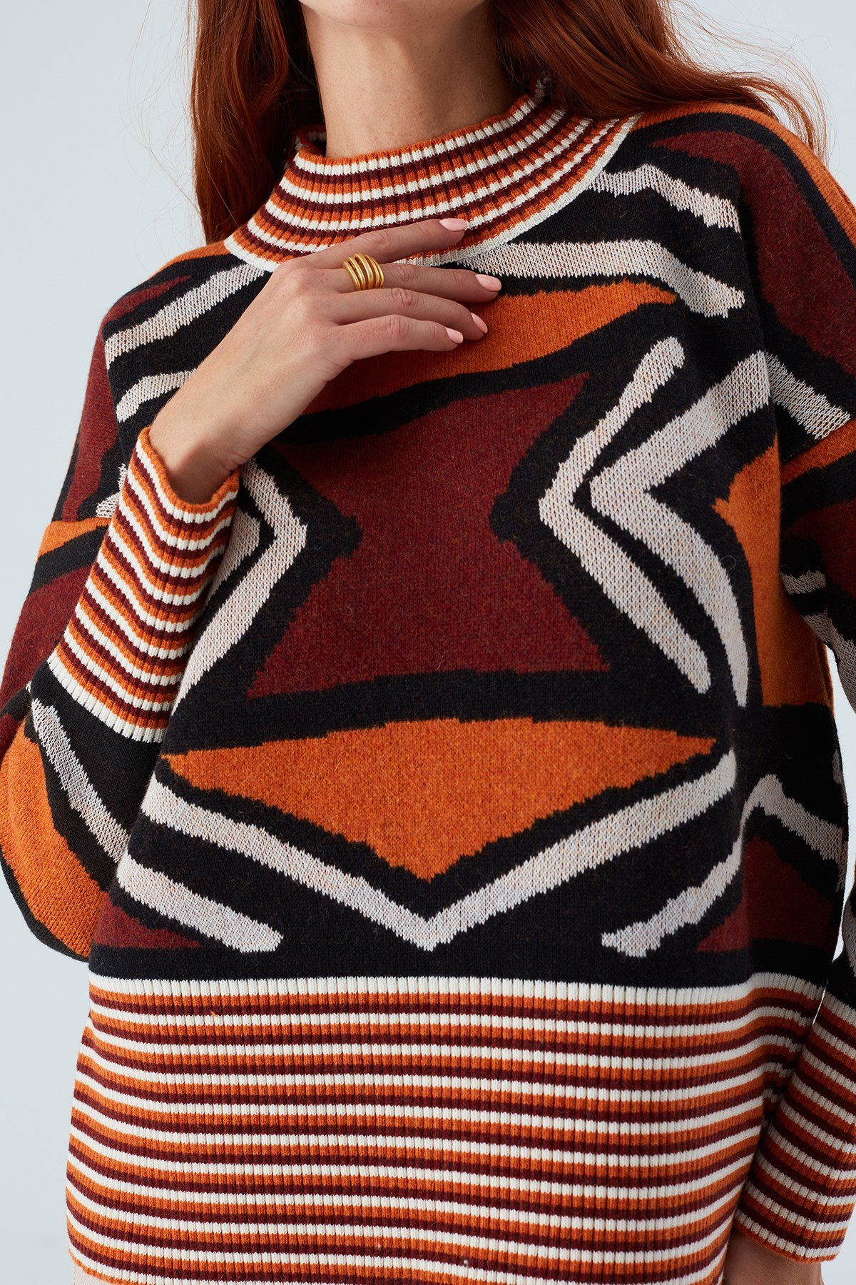 Peraluna KENDA PULLOVER Etnik Jakar Desenli Yünlü Krop Kadın Triko Kazak Multi