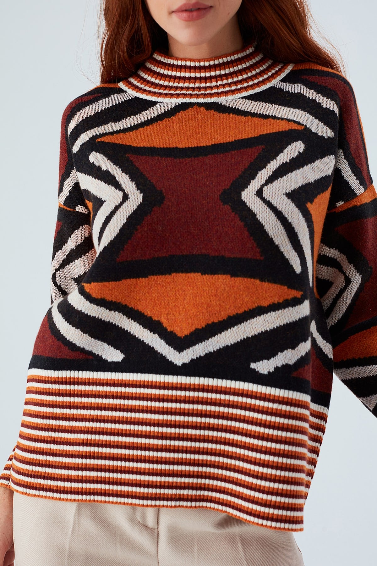 Peraluna KENDA PULLOVER Etnik Jakar Desenli Yünlü Krop Kadın Triko Kazak Multi