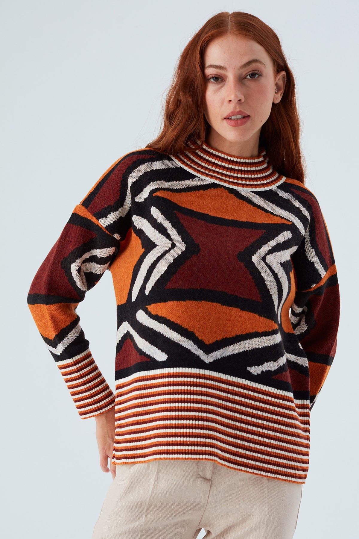 Peraluna KENDA PULLOVER Etnik Jakar Desenli Yünlü Krop Kadın Triko Kazak Multi