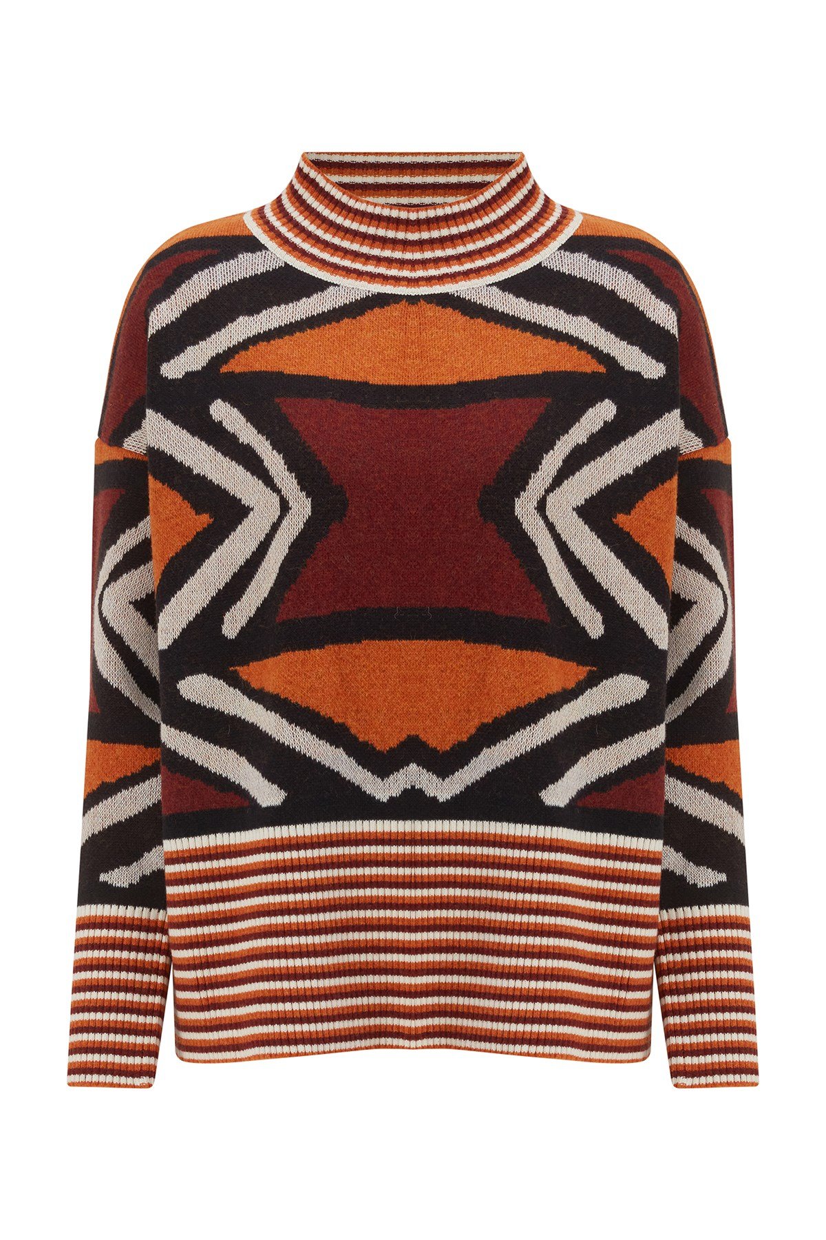 Peraluna KENDA PULLOVER Etnik Jakar Desenli Yünlü Krop Kadın Triko Kazak Multi