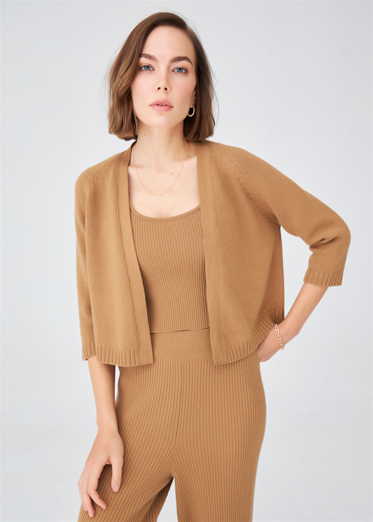 Peraluna Kısa Kaşmir Karışım Kadın Triko Bolero Camel Melanj