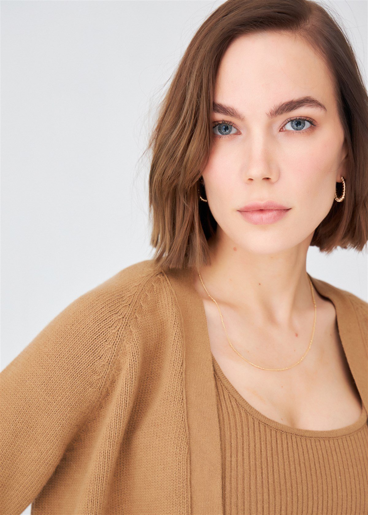 Peraluna Kısa Kaşmir Karışım Kadın Triko Bolero Camel Melanj