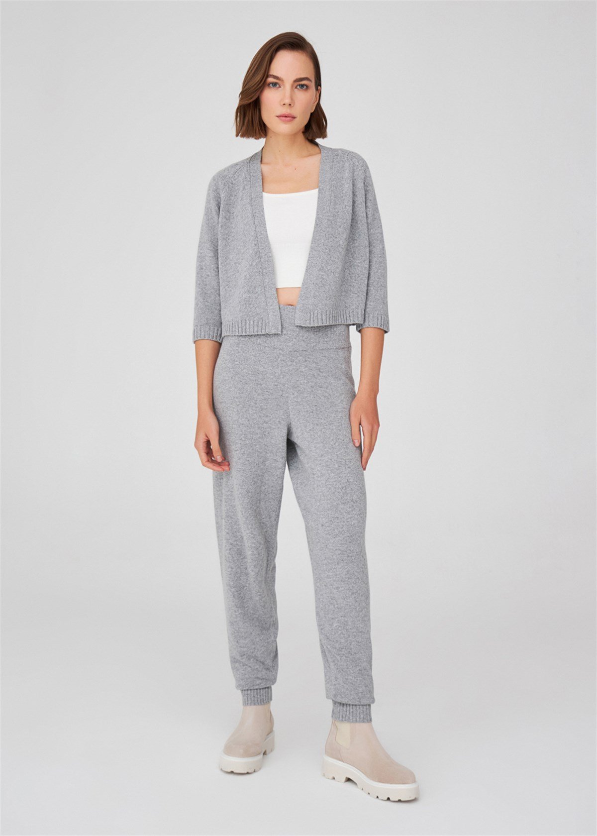 Peraluna Kısa Kaşmir Karışım Kadın Triko Bolero Gri Melanj