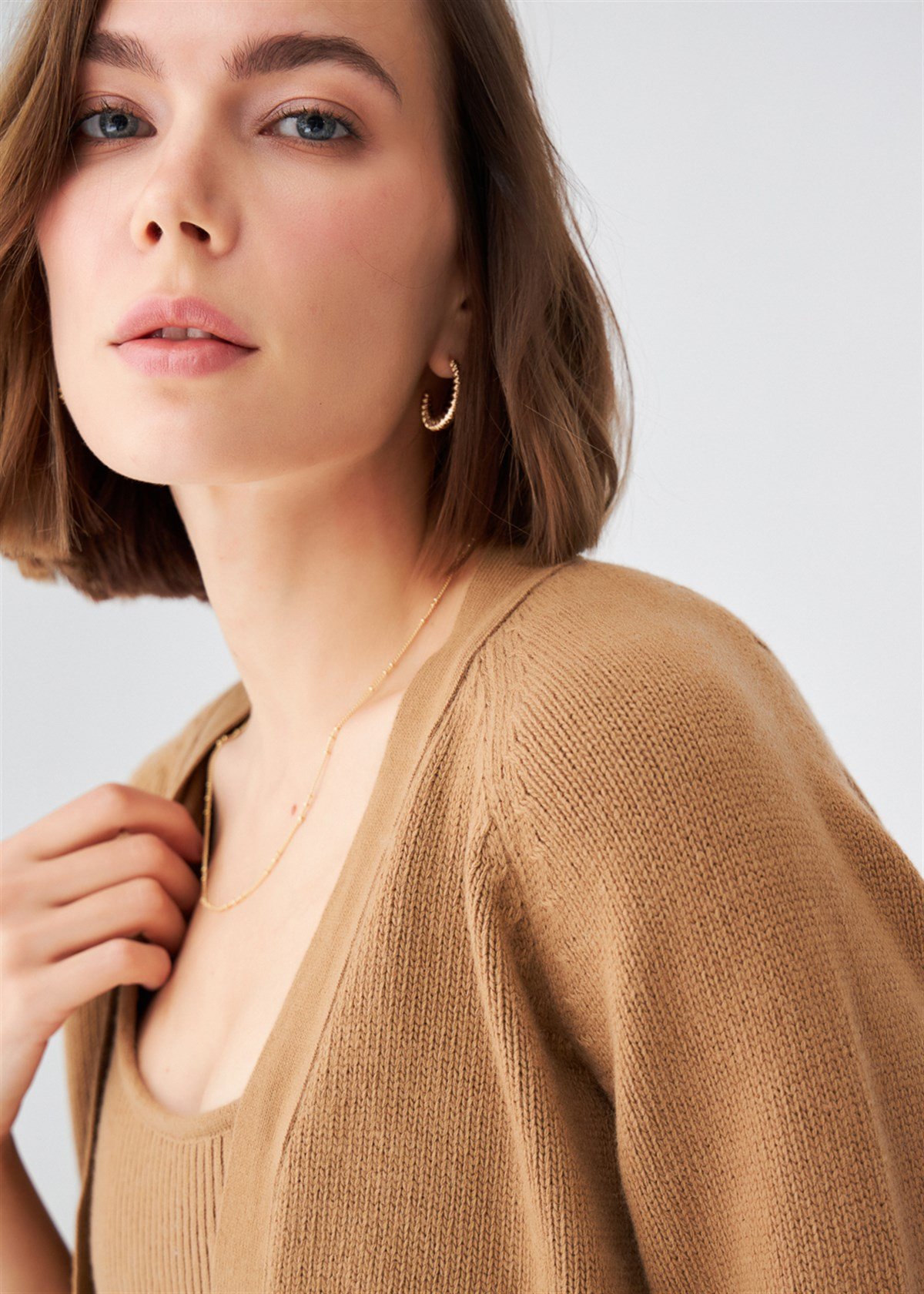 Peraluna Kısa Kaşmir Karışım Kadın Triko Bolero Camel Melanj