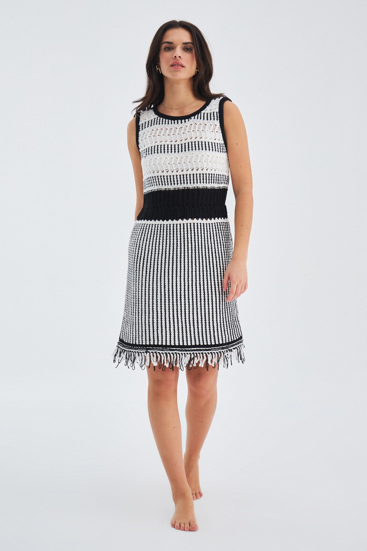 Peraluna KIYO DRESS Sleeveless Above Knee Women's Knit Summer Tassle Dress - Ecru/Black