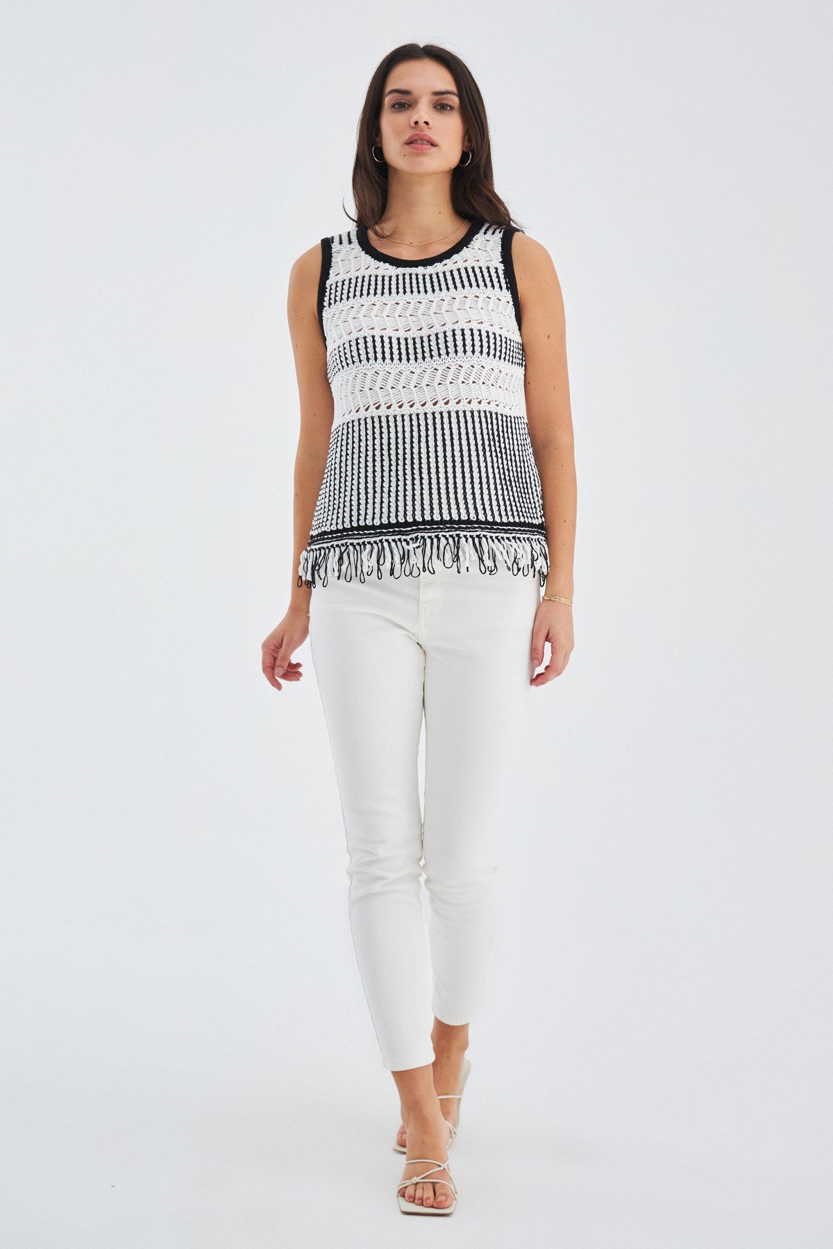 Peraluna KIYO Tassel Detailed Sleeveless Summer Women's Knitwear Blouse - Ecru/Black