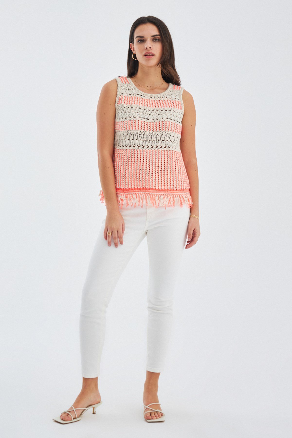 Peraluna KIYO Tassel Detailed Sleeveless Summer Women's Knitwear Blouse - Beige/Neon Orange