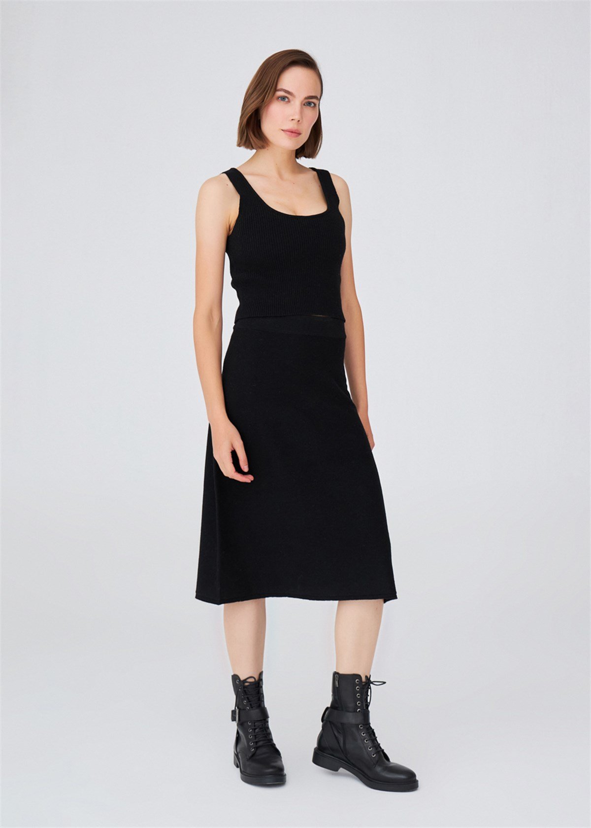 Peraluna Below Knee Cashmere Blend Knitwear A-Line Flare Skirt - Black