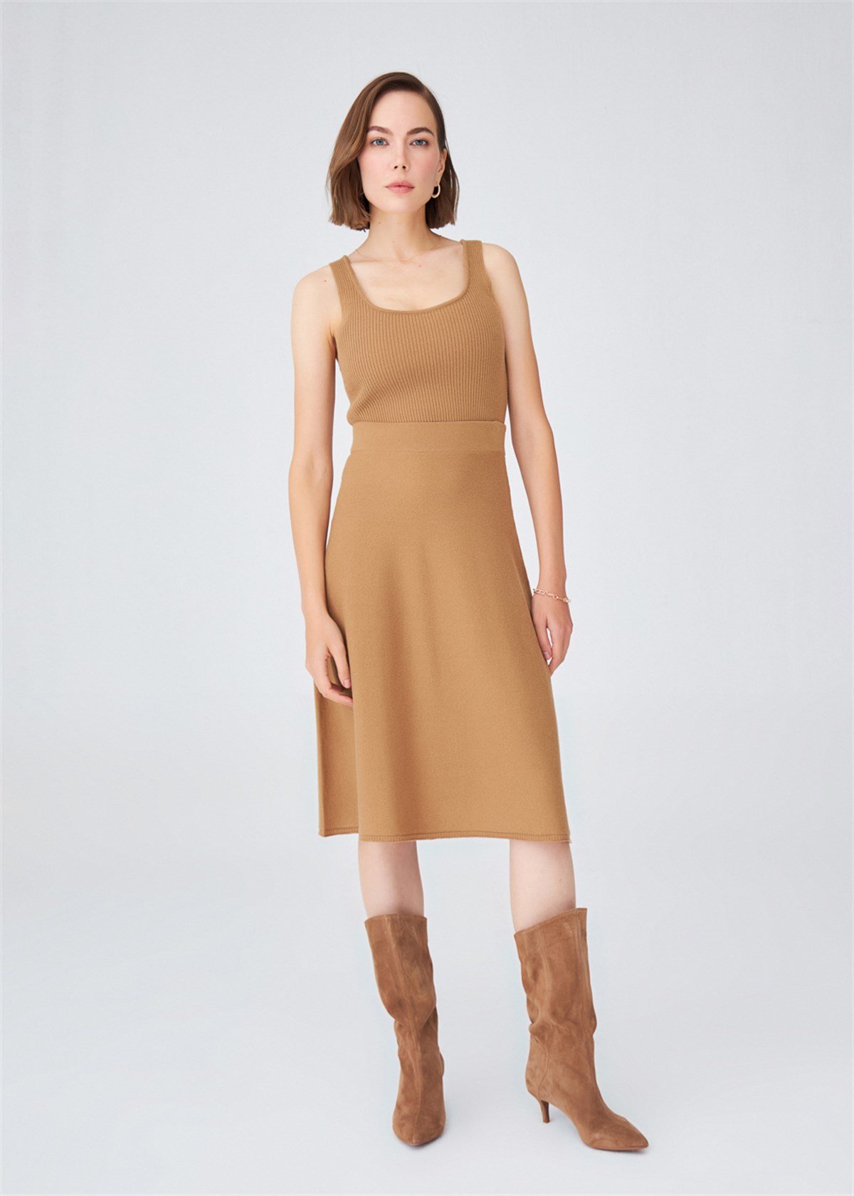 Peraluna Below Knee Cashmere Blend Knitwear A-Line Flare Skirt - Camel