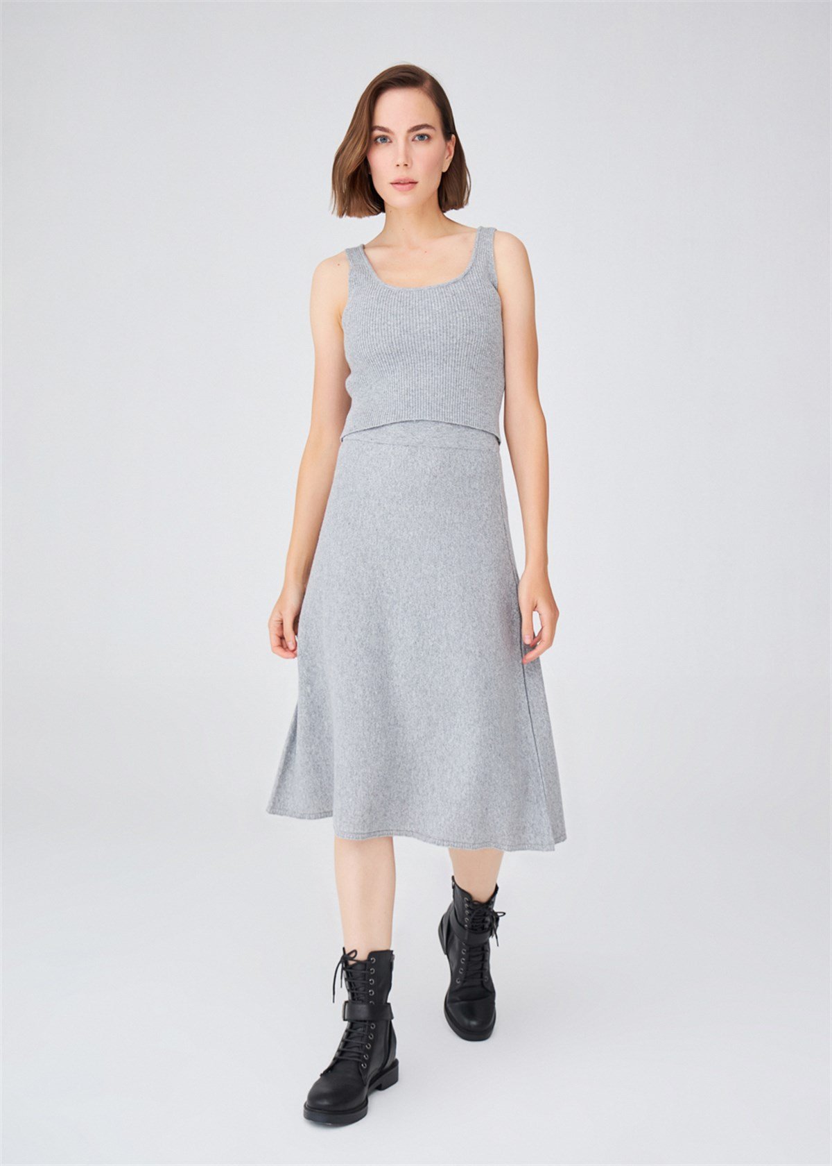 Peraluna Below Knee Cashmere Blend Knitwear A-Line Flare Skirt - Gray Melange