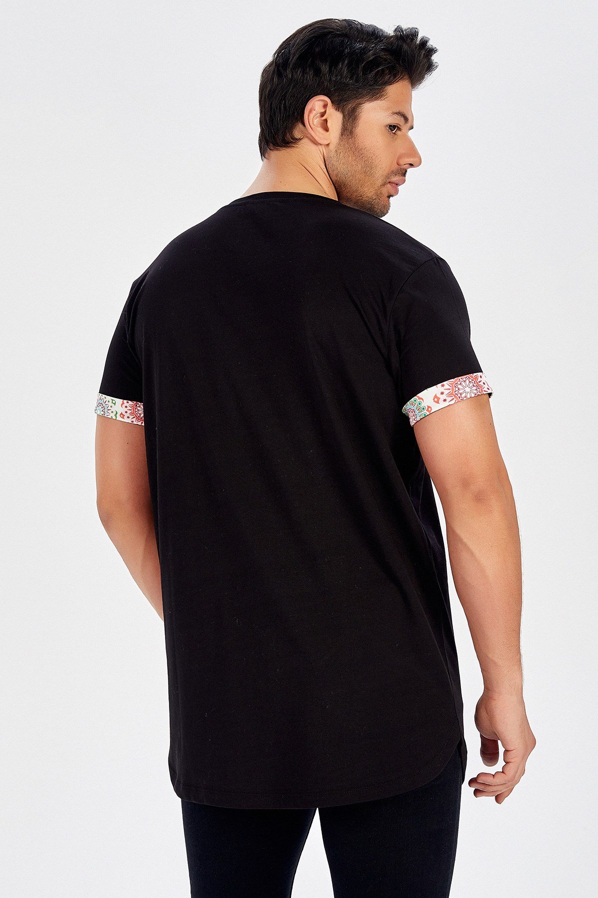 Peraluna Kol Ucu Baskılı Uzun Siyah T-Shirt