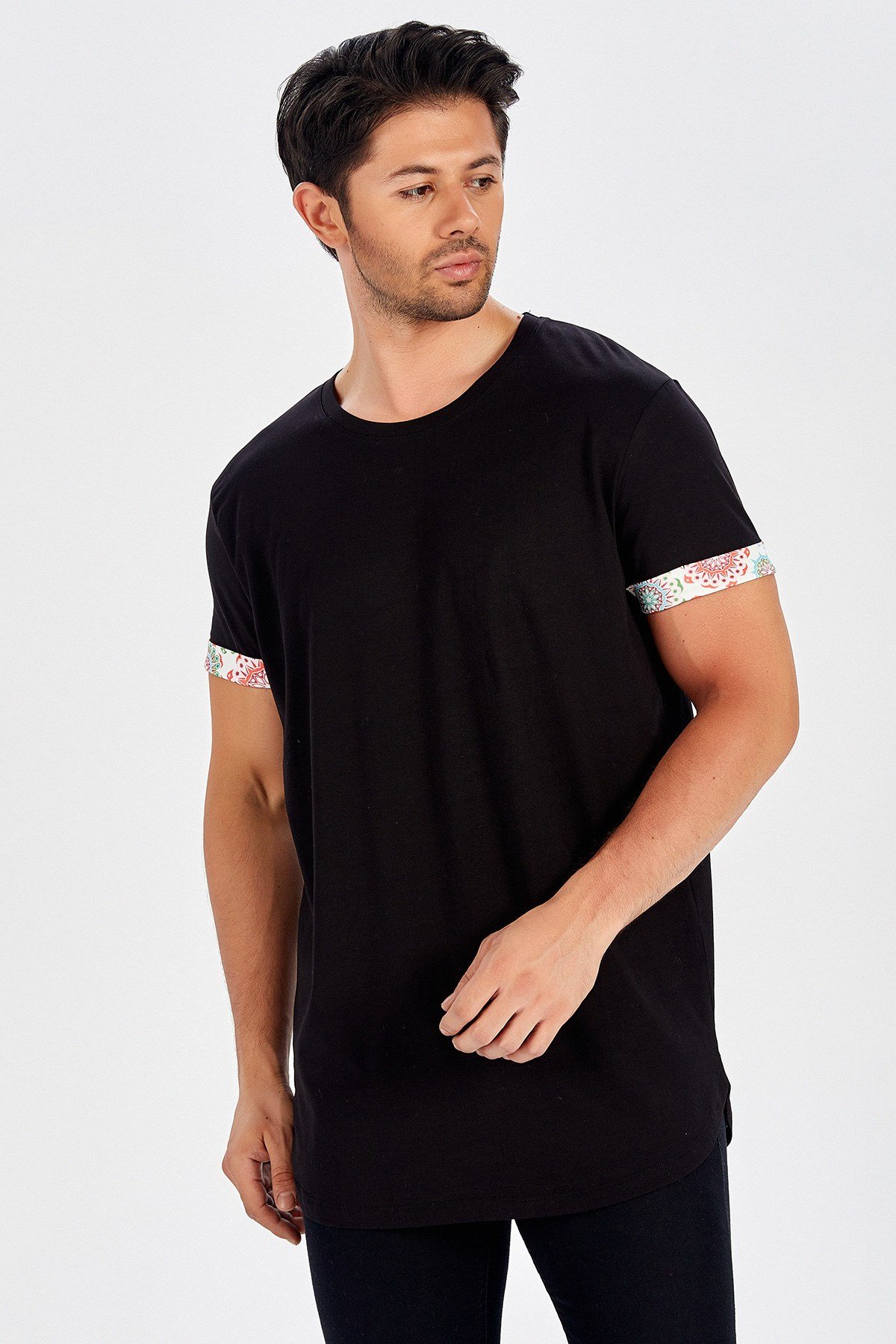 Peraluna Kol Ucu Baskılı Uzun Siyah T-Shirt