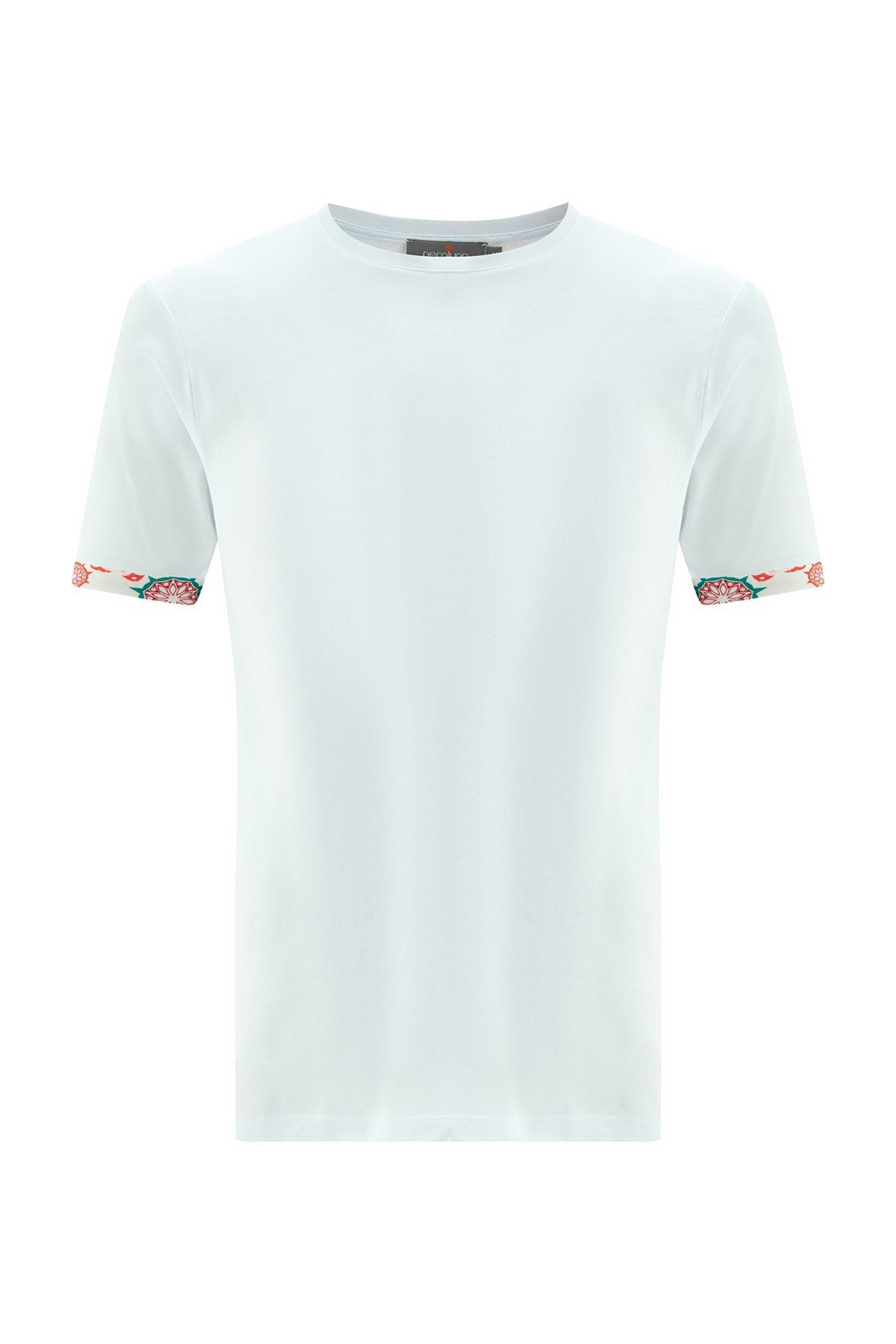 Peraluna Kol Ucu Desenli Uzun Beyaz Pamuklu T-Shirt