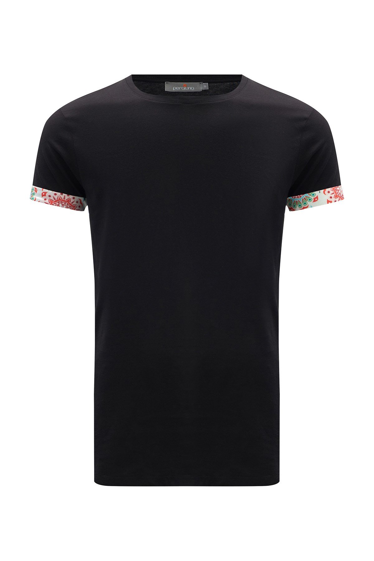 Peraluna Kol Ucu Desenli Uzun Siyah Pamuklu T-Shirt