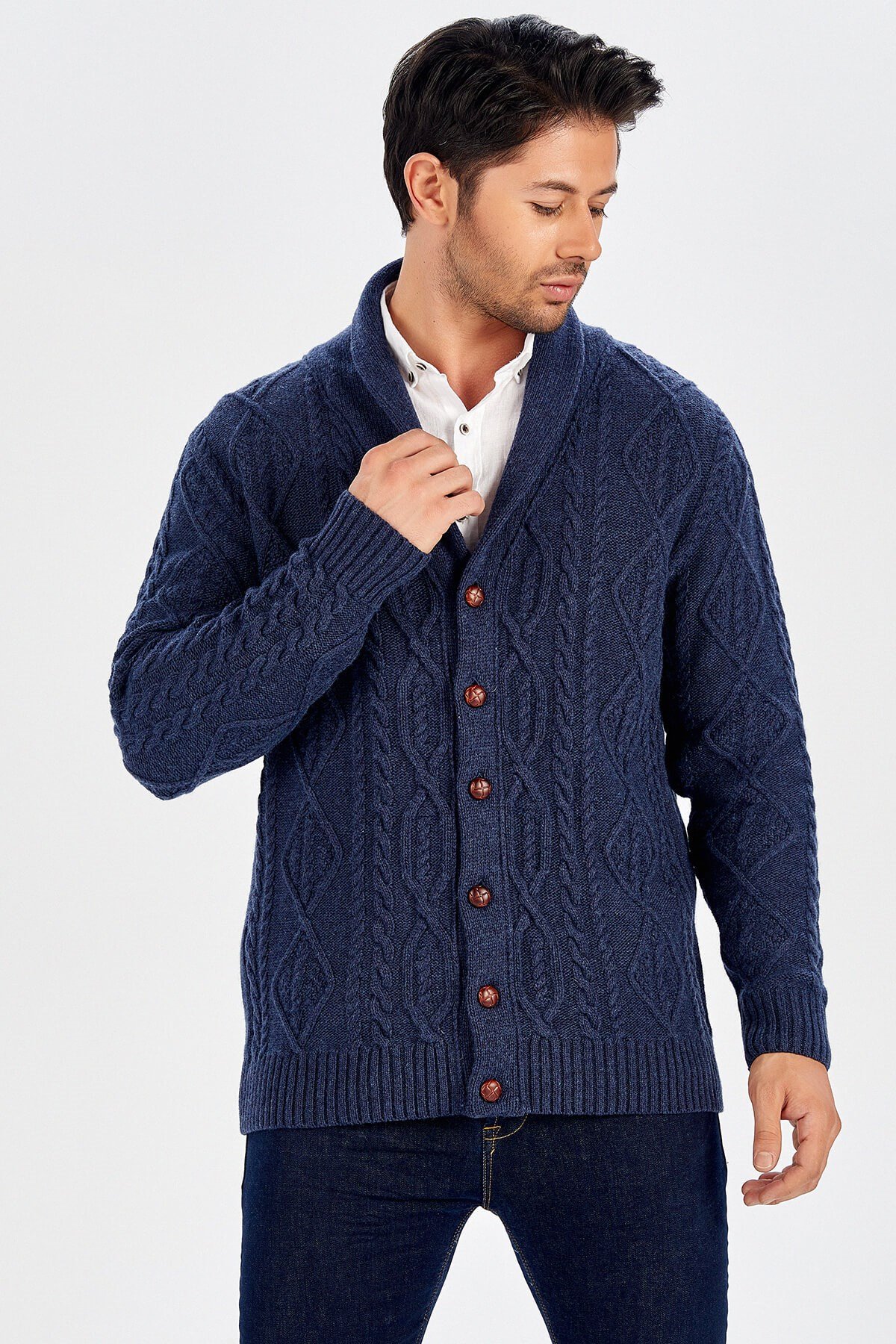 Peraluna Lacivert Troyer Yaka Yünlü Erkek Hırka