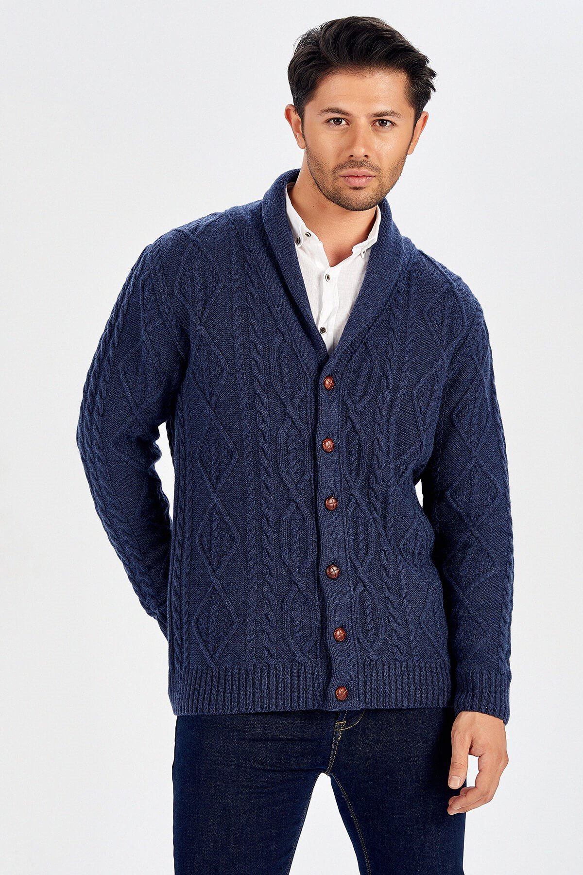 Peraluna Lacivert Troyer Yaka Yünlü Erkek Hırka