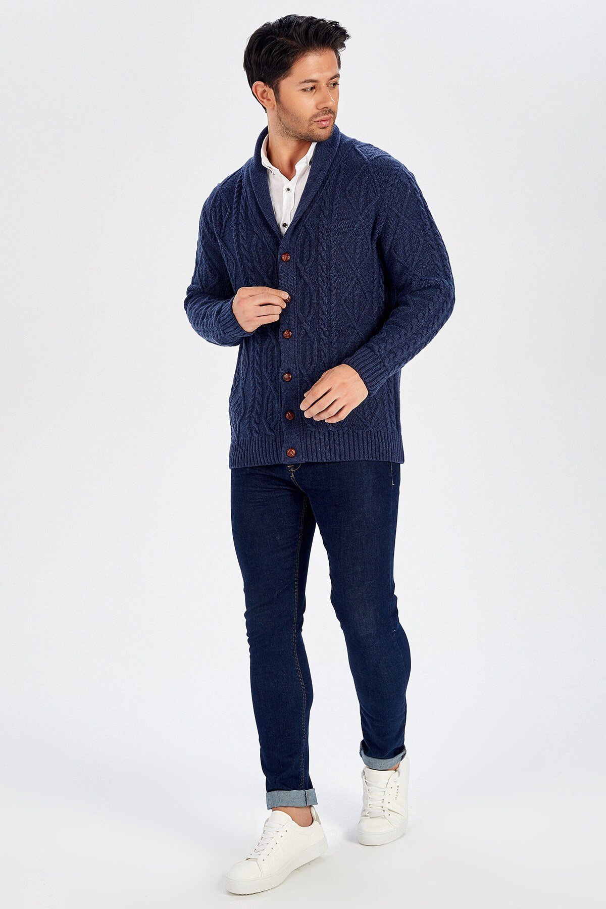 Peraluna Lacivert Troyer Yaka Yünlü Erkek Hırka