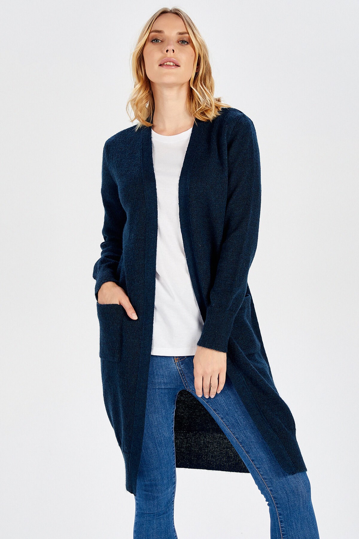 Peraluna Lacivert Uzun Boy Cepli Basic Kadın Hırka