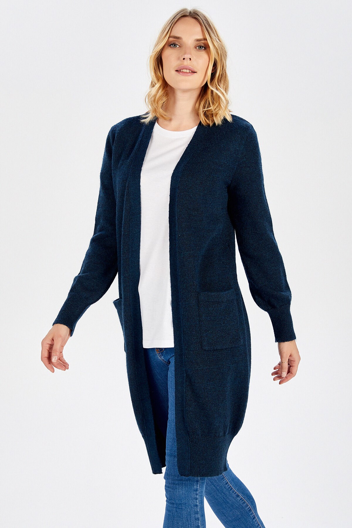 Peraluna Lacivert Uzun Boy Cepli Basic Kadın Hırka