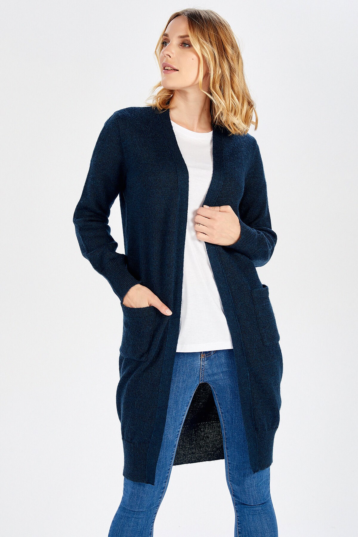 Peraluna Lacivert Uzun Boy Cepli Basic Kadın Hırka