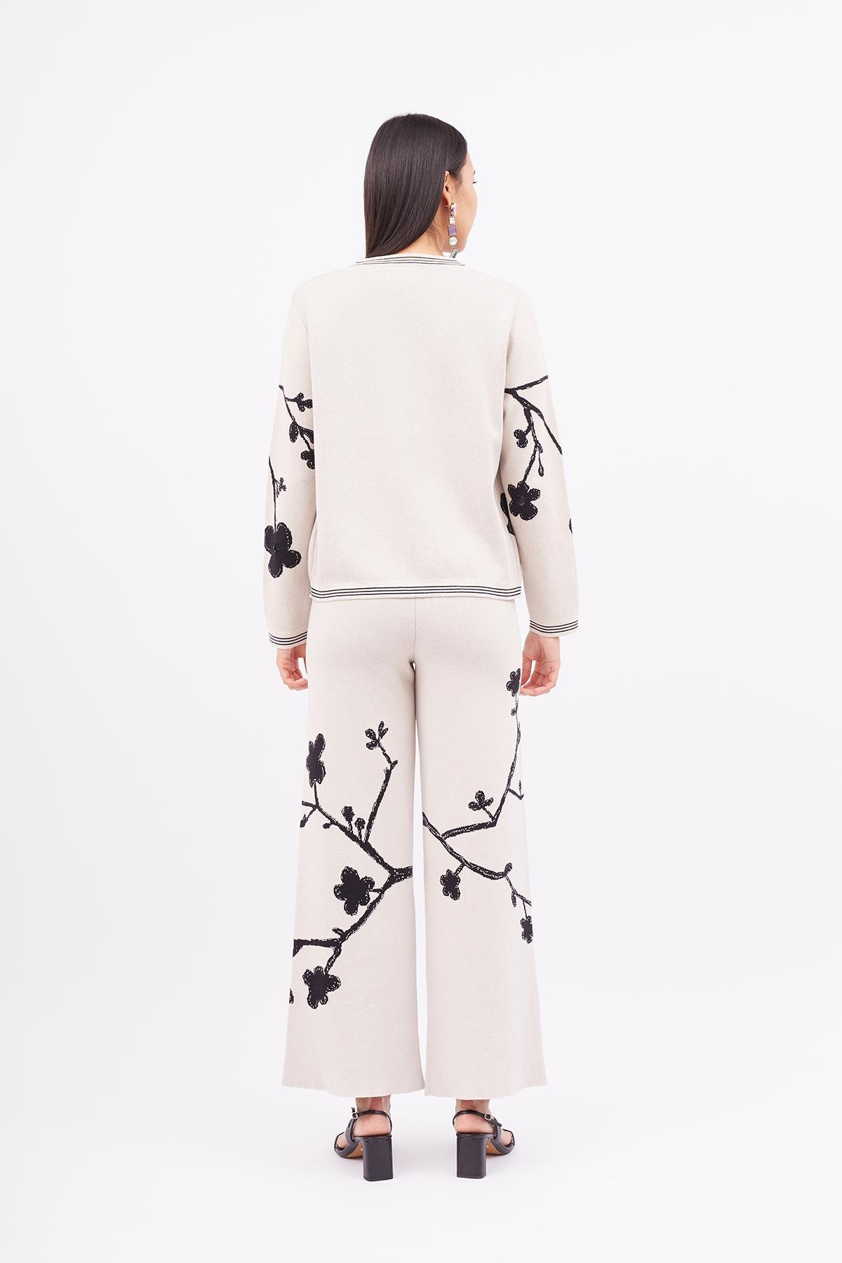 Peraluna LADY SAKURA JACKET Sakura Desen Komfort Fit Kadın Triko Ceket - Bej