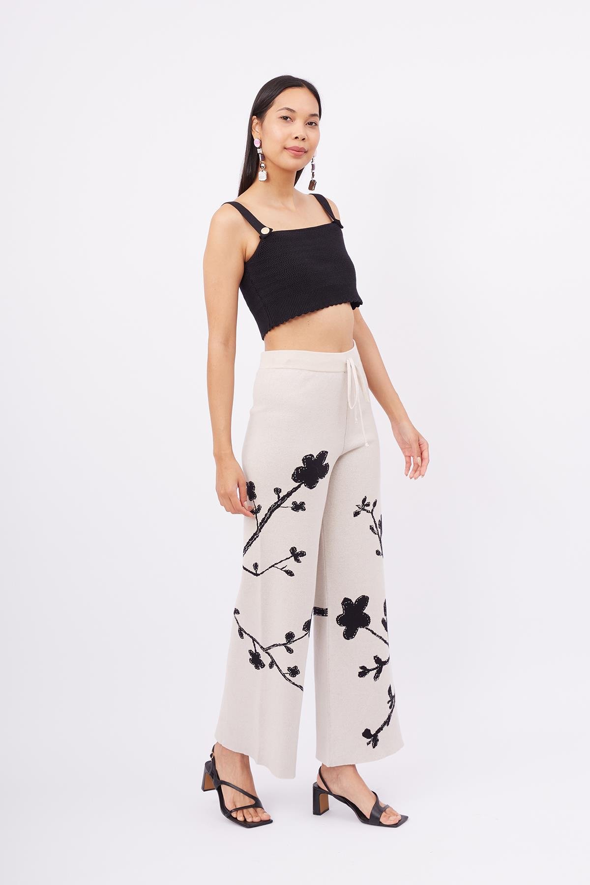 Peraluna LADY SAKURA TROUSER Sakura Desen Yüksek Bel Rahat Kesim Beli Lastikli Kadın Triko Pantolon - Bej