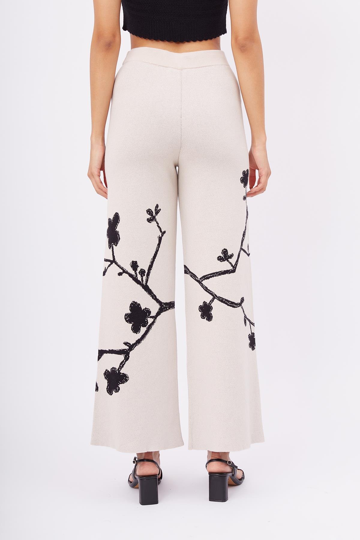 Peraluna LADY SAKURA TROUSER Sakura Desen Yüksek Bel Rahat Kesim Beli Lastikli Kadın Triko Pantolon - Bej