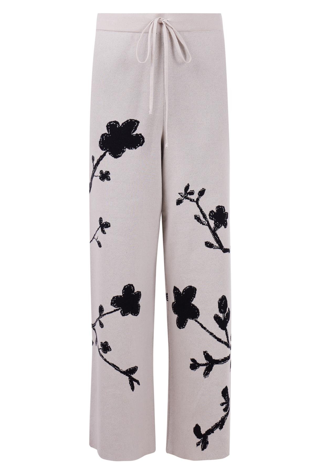 Peraluna LADY SAKURA TROUSER Sakura Desen Yüksek Bel Rahat Kesim Beli Lastikli Kadın Triko Pantolon - Bej