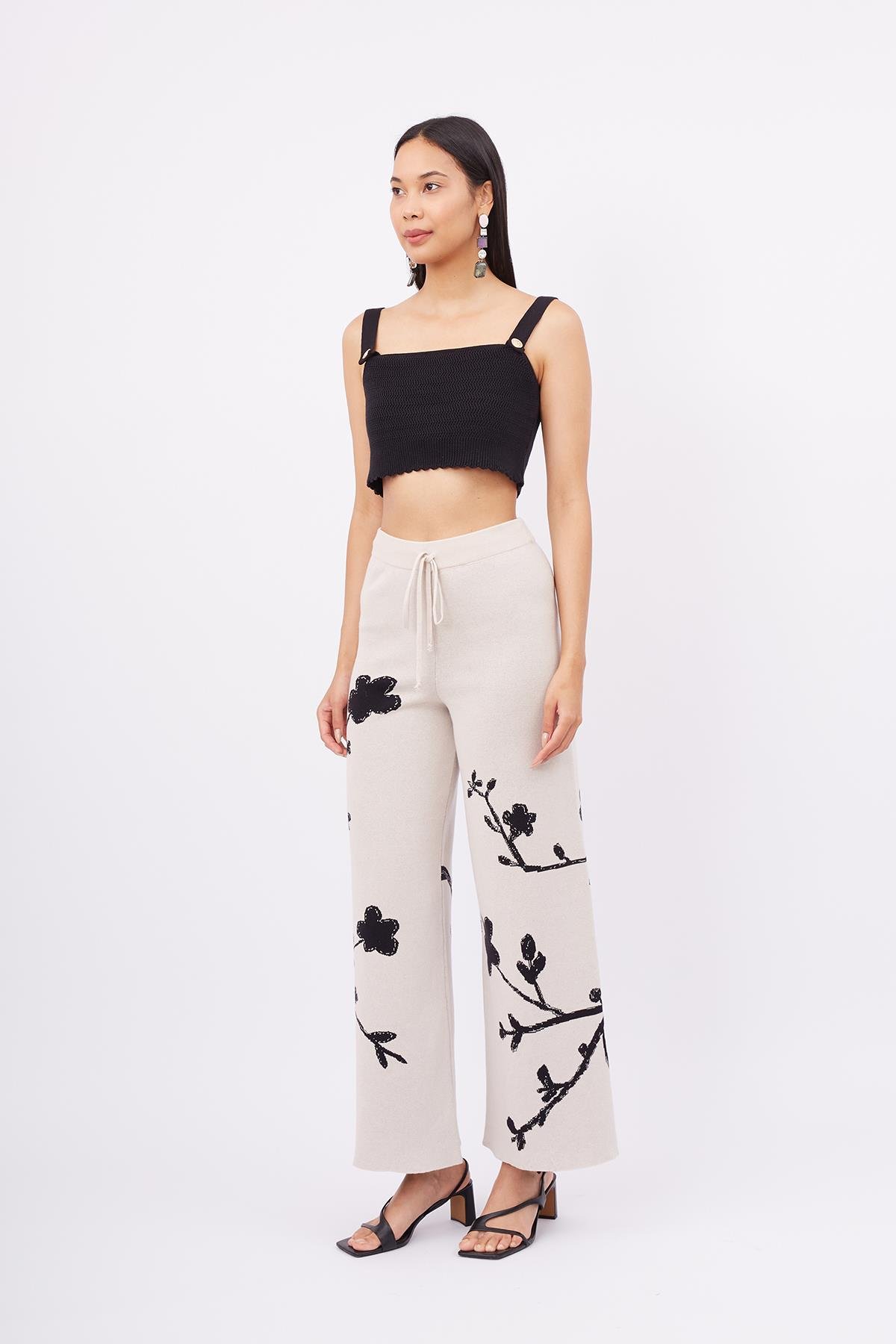 Peraluna LADY SAKURA TROUSER Sakura Desen Yüksek Bel Rahat Kesim Beli Lastikli Kadın Triko Pantolon - Bej