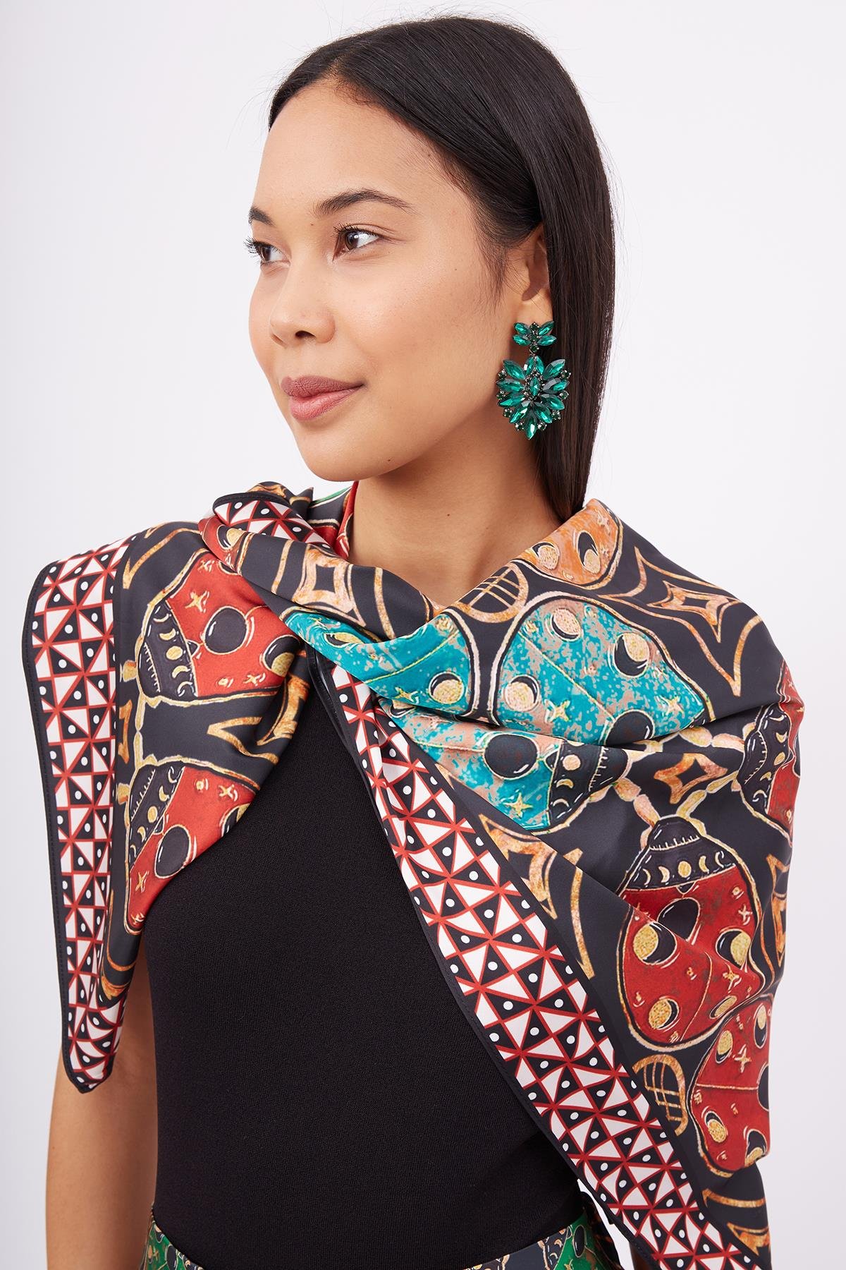 Peraluna LADYBUG SCARFE Uğurböceği Baskılı Saten Eşarp - Çok Renkli