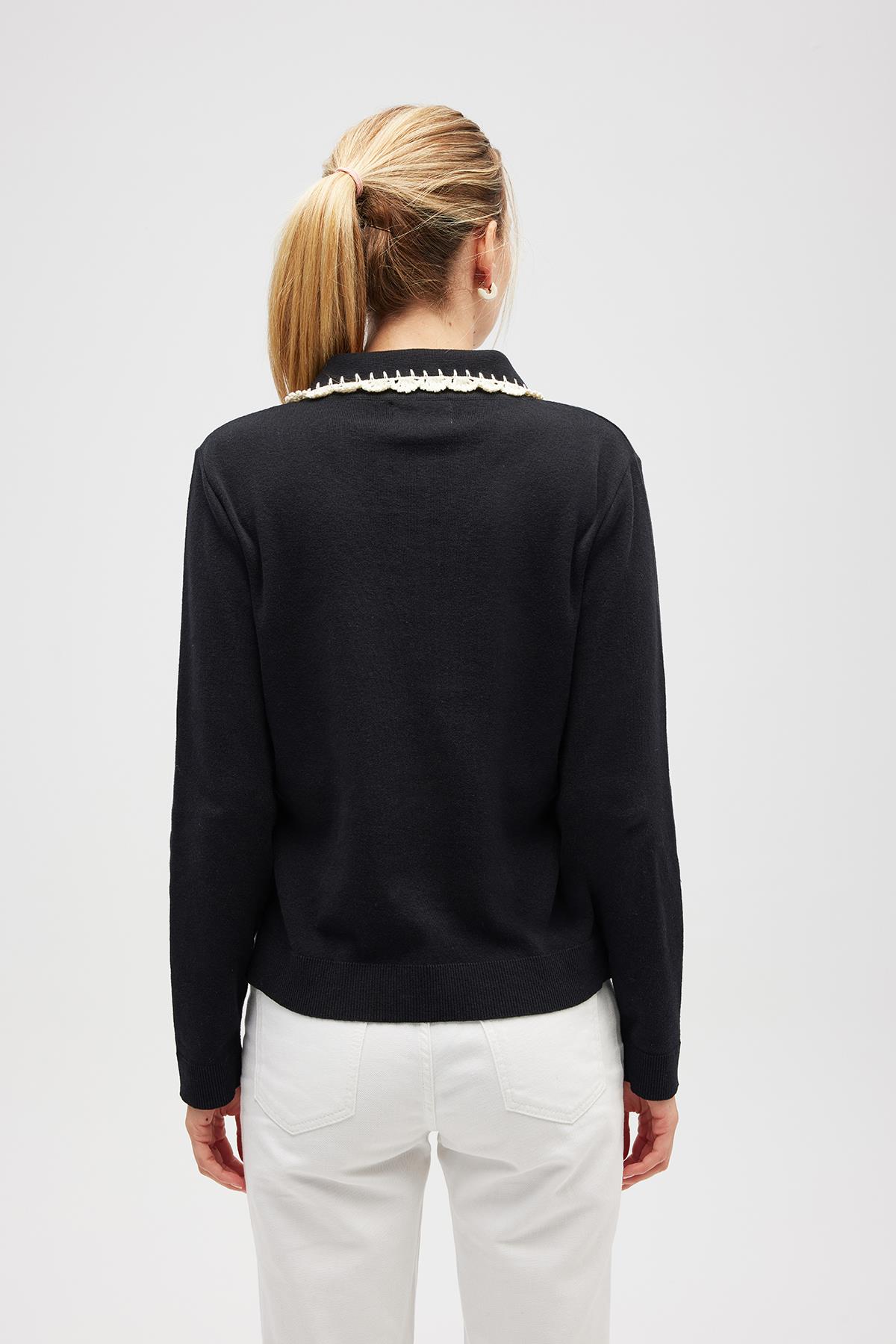 Peraluna Laila, Düz Örgü, Polo Yaka, Kadın Triko Hırka - Siyah