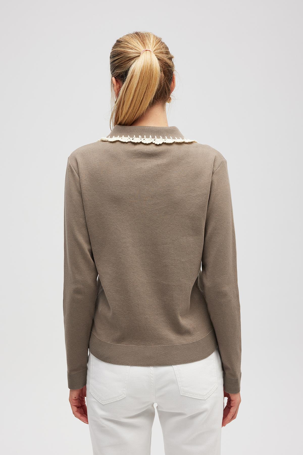 Peraluna Laila, Düz Örgü, Polo Yaka, Kadın Triko Hırka - Vizon