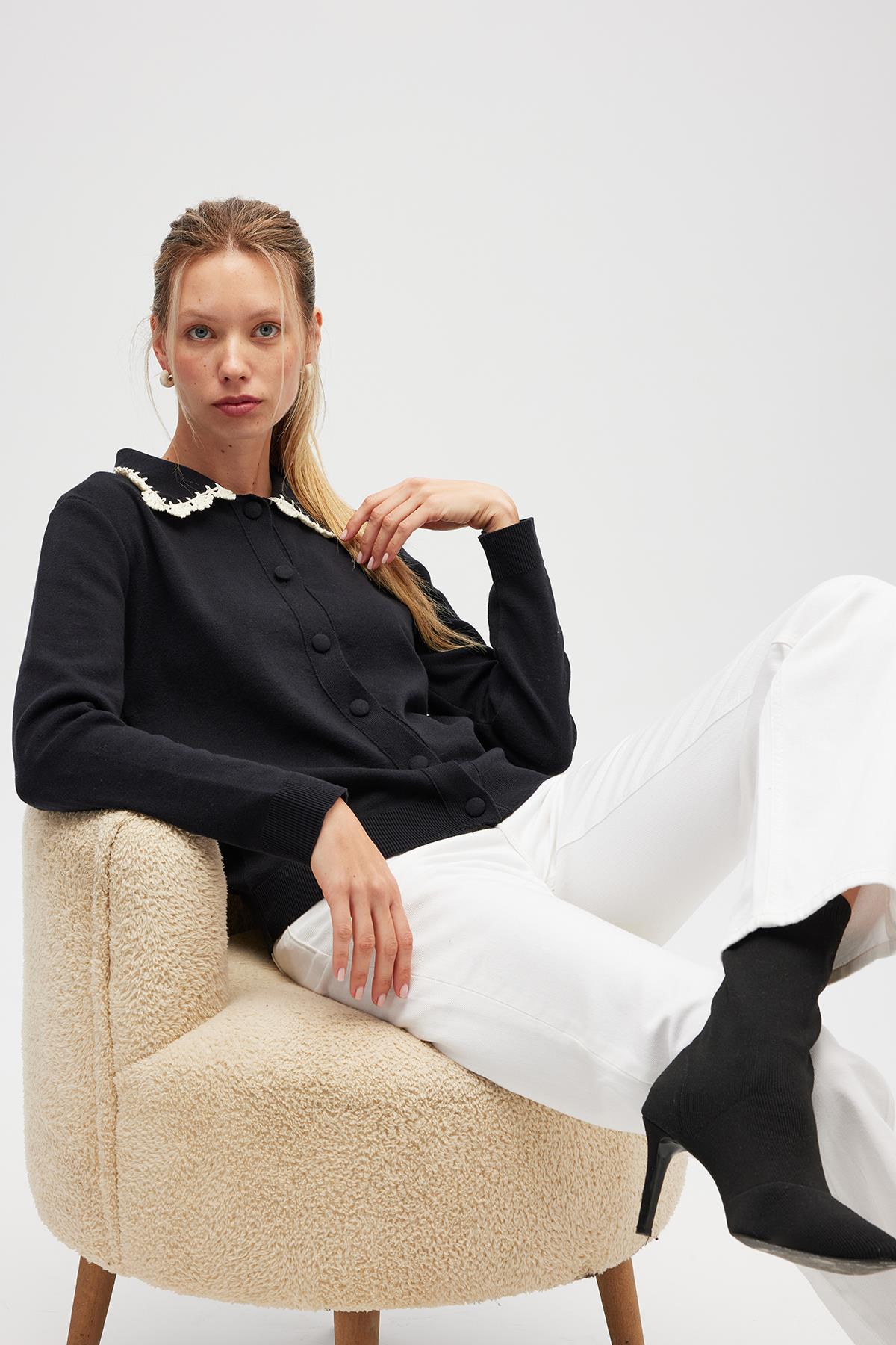 Peraluna Laila, Düz Örgü, Polo Yaka, Kadın Triko Hırka - Siyah