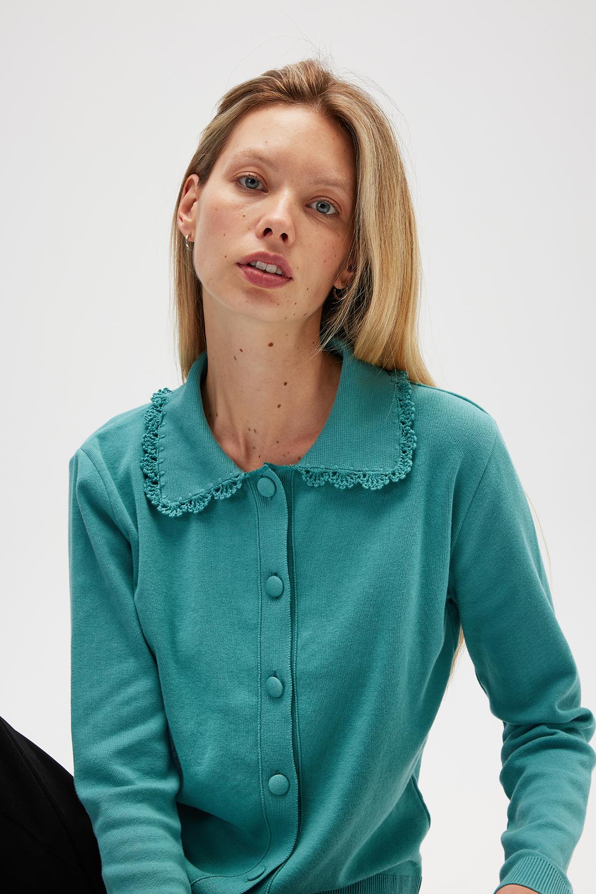 Peraluna Laila, Düz Örgü, Polo Yaka, Kadın Triko Hırka - Okaliptus Yeşil