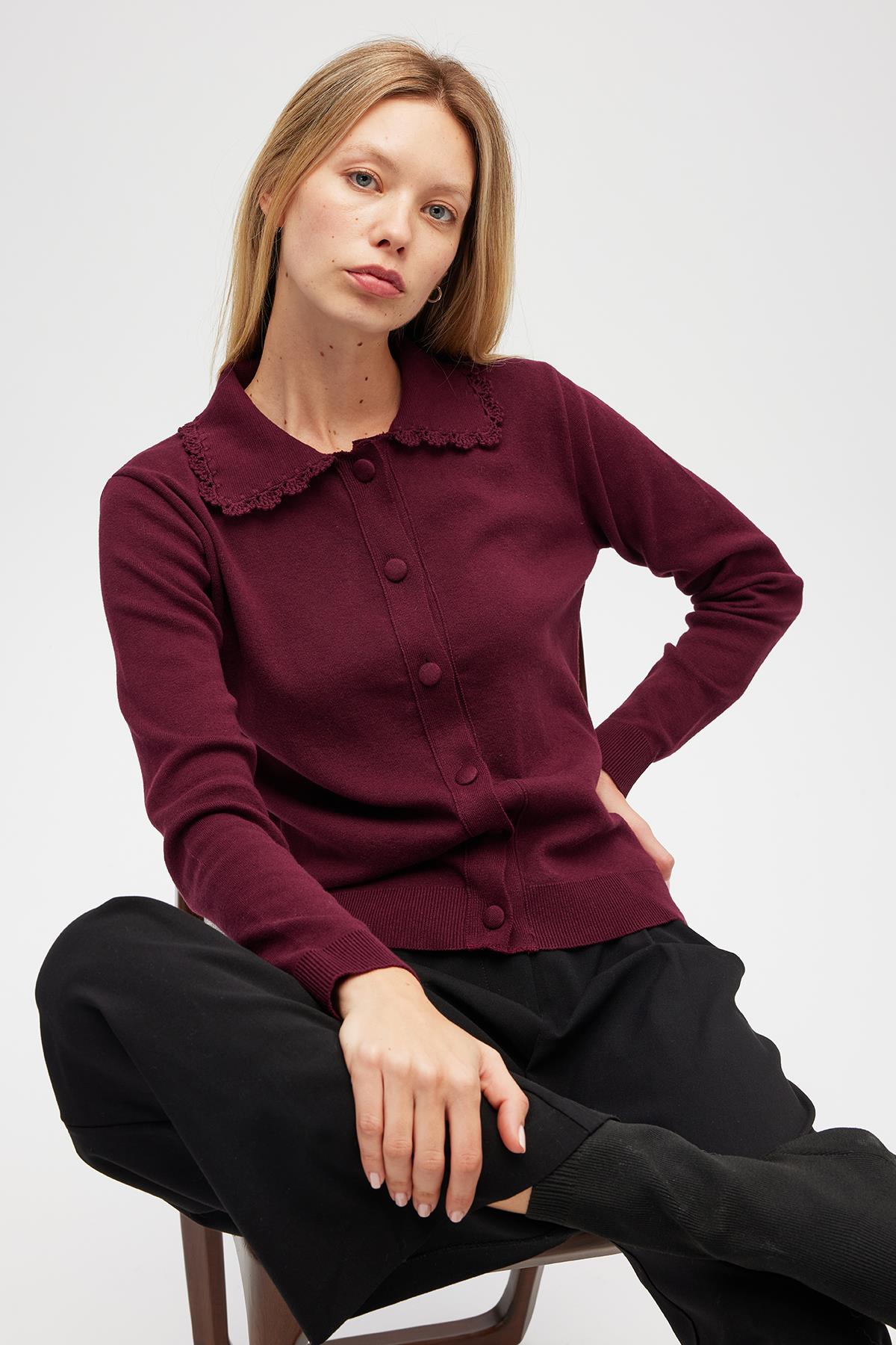 Peraluna Laila, Düz Örgü, Polo Yaka, Kadın Triko Hırka - Bordo
