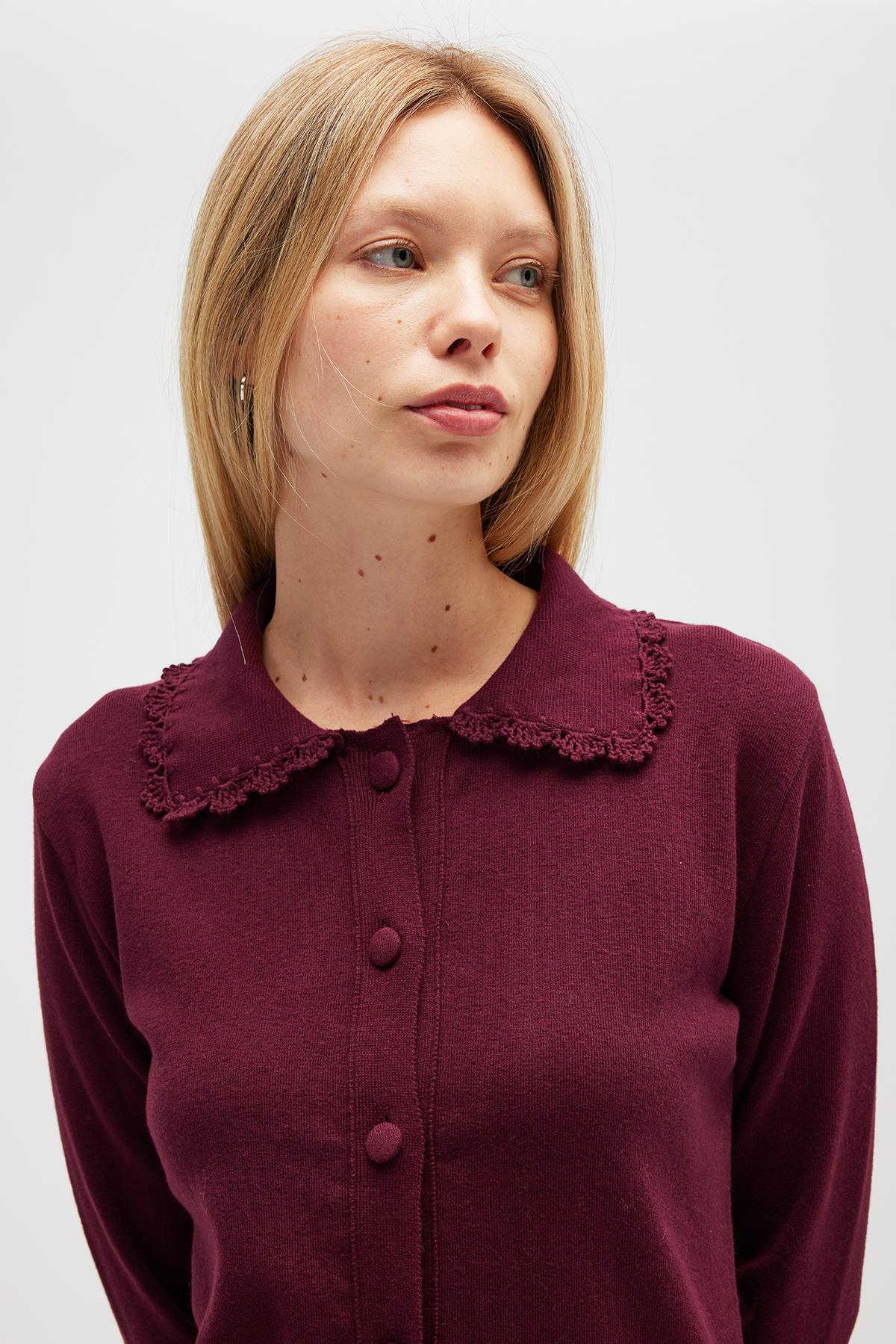 Peraluna Laila, Düz Örgü, Polo Yaka, Kadın Triko Hırka - Bordo