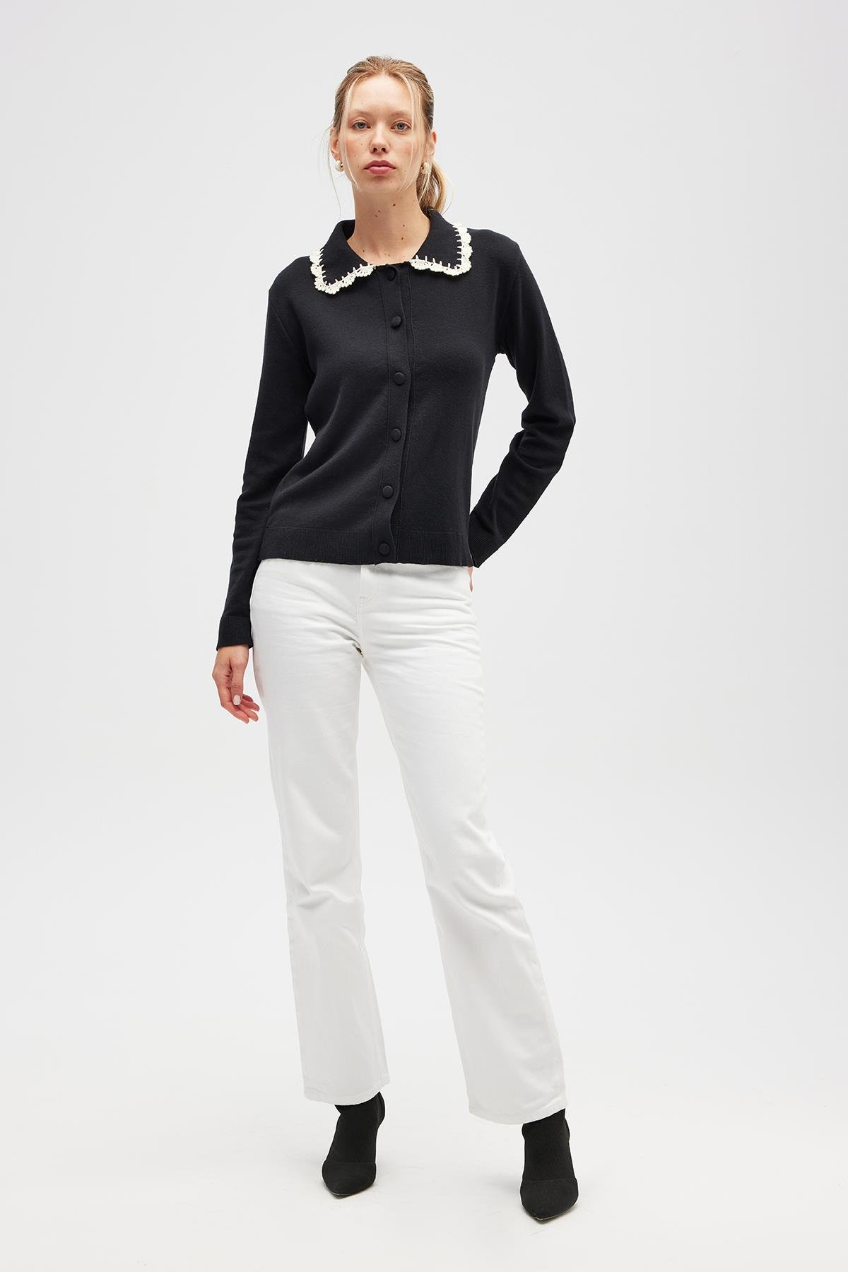 Peraluna Laila, Düz Örgü, Polo Yaka, Kadın Triko Hırka - Siyah