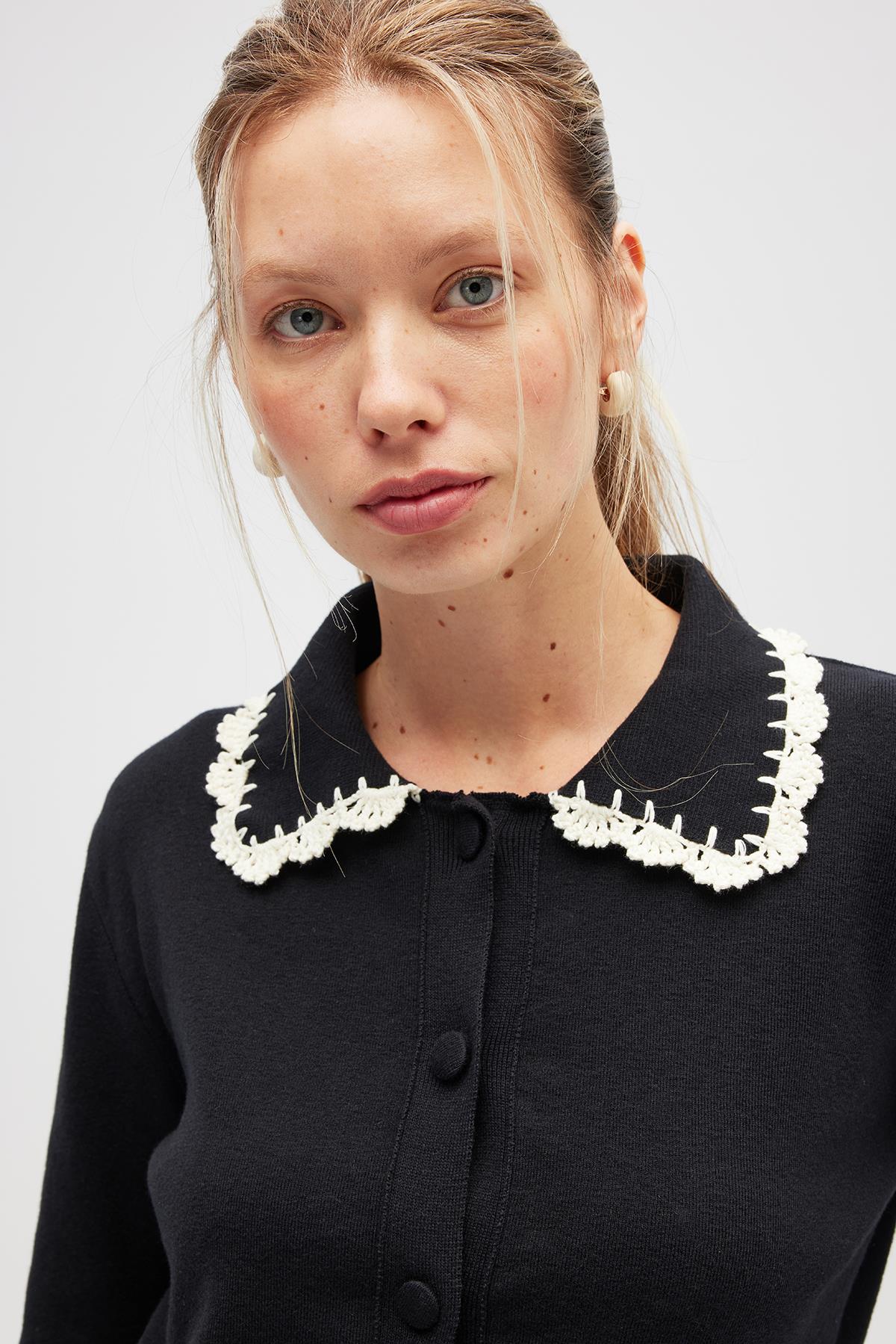 Peraluna Laila, Düz Örgü, Polo Yaka, Kadın Triko Hırka - Siyah