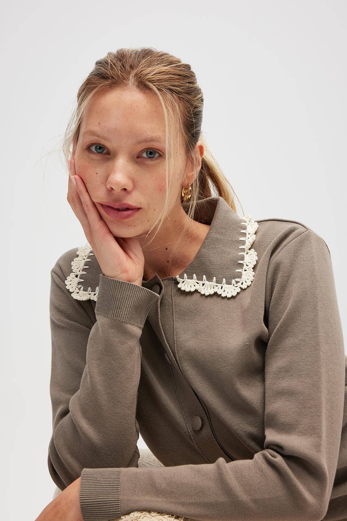 Peraluna Laila, Düz Örgü, Polo Yaka, Kadın Triko Hırka - Vizon