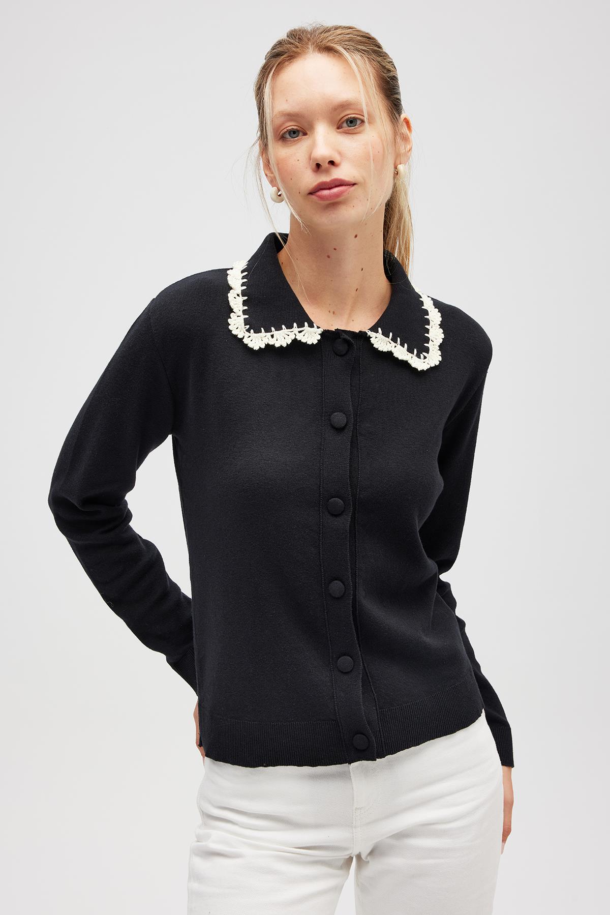 Peraluna Laila, Düz Örgü, Polo Yaka, Kadın Triko Hırka - Siyah