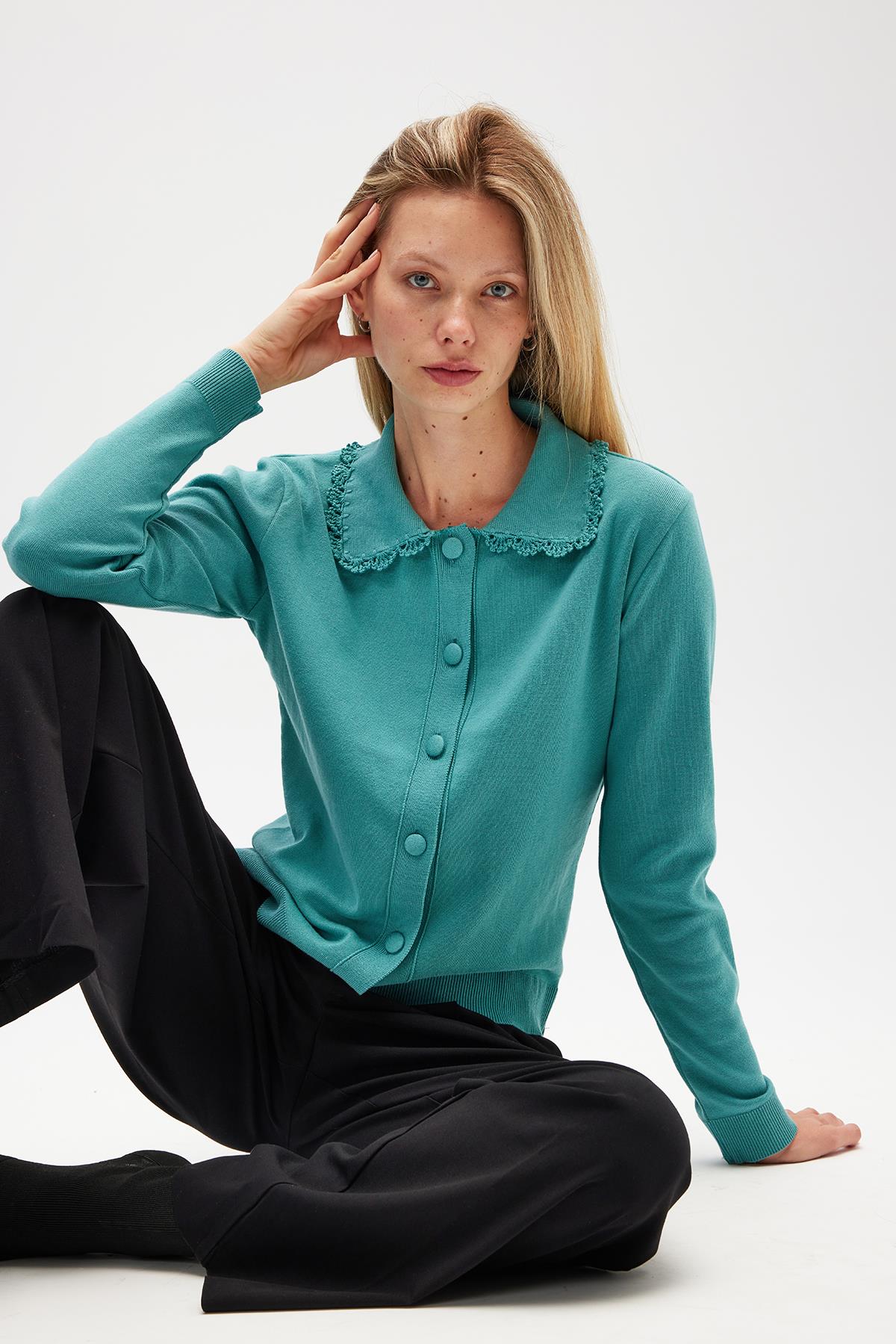 Peraluna Laila, Düz Örgü, Polo Yaka, Kadın Triko Hırka - Okaliptus Yeşil