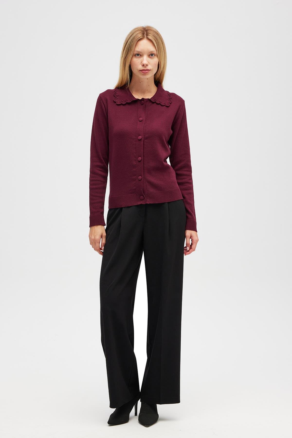 Peraluna Laila, Düz Örgü, Polo Yaka, Kadın Triko Hırka - Bordo