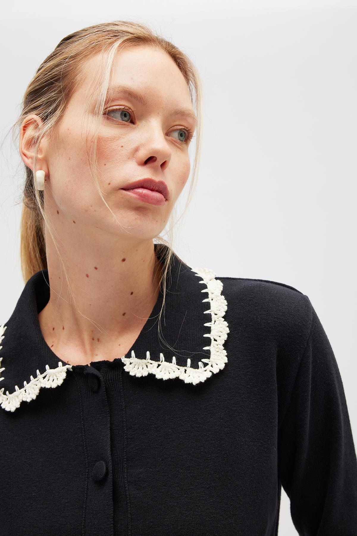 Peraluna Laila, Düz Örgü, Polo Yaka, Kadın Triko Hırka - Siyah