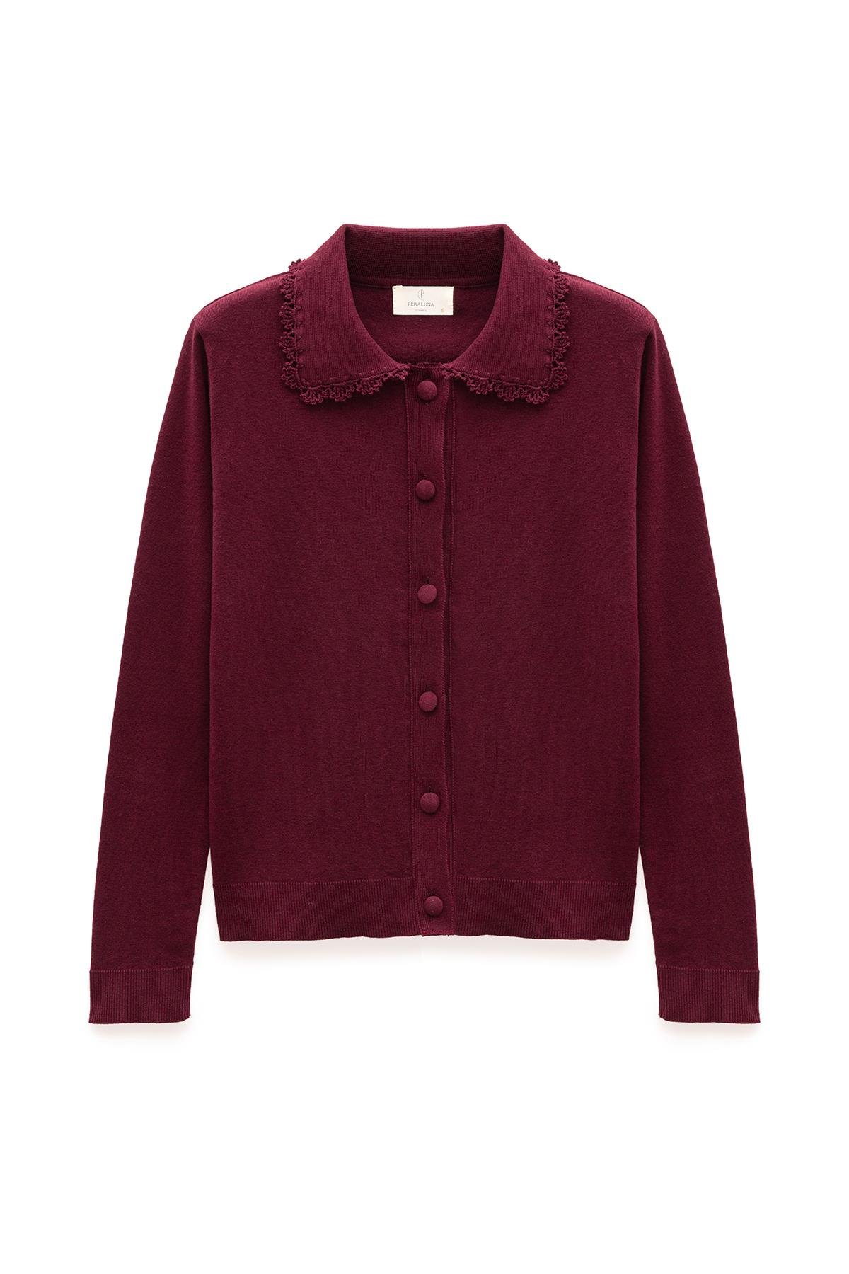 Peraluna Laila, Düz Örgü, Polo Yaka, Kadın Triko Hırka - Bordo