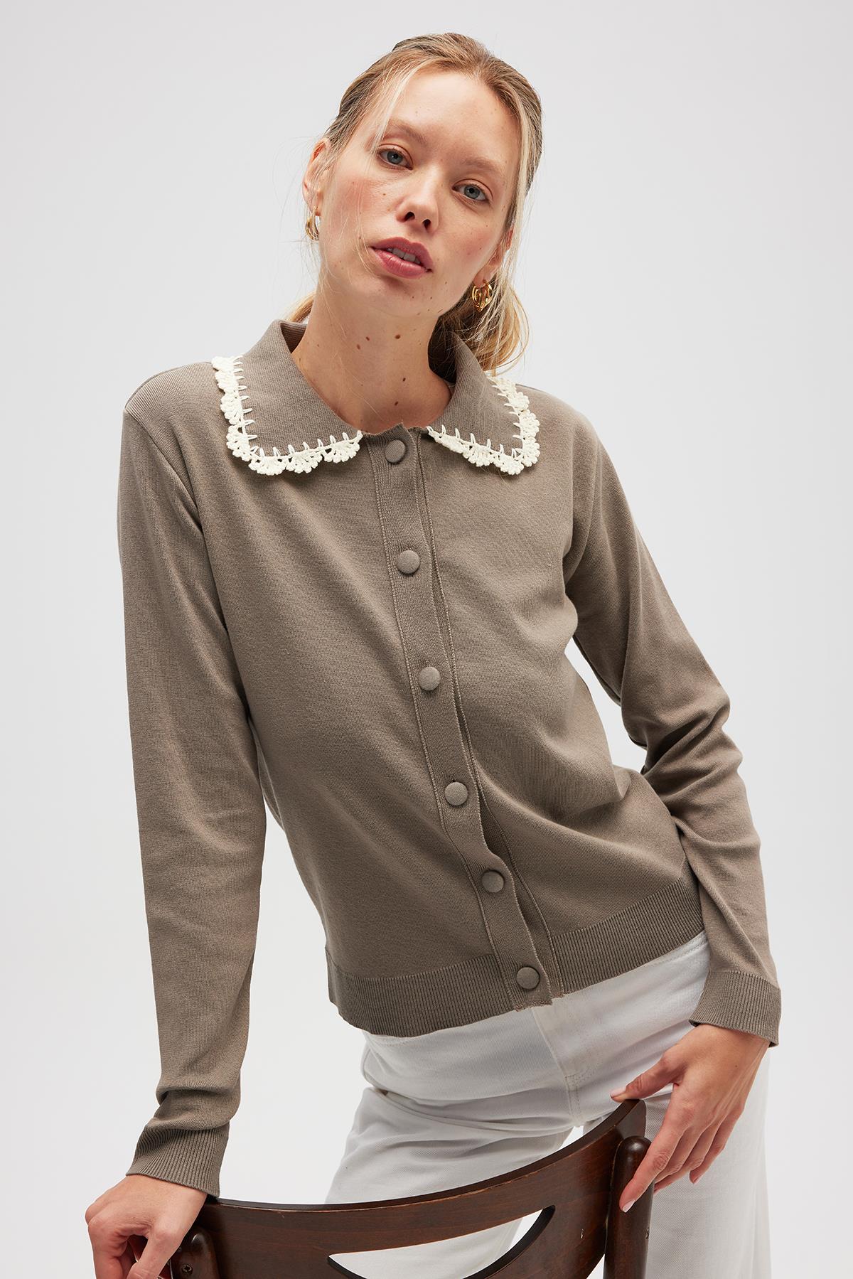 Peraluna Laila, Düz Örgü, Polo Yaka, Kadın Triko Hırka - Vizon