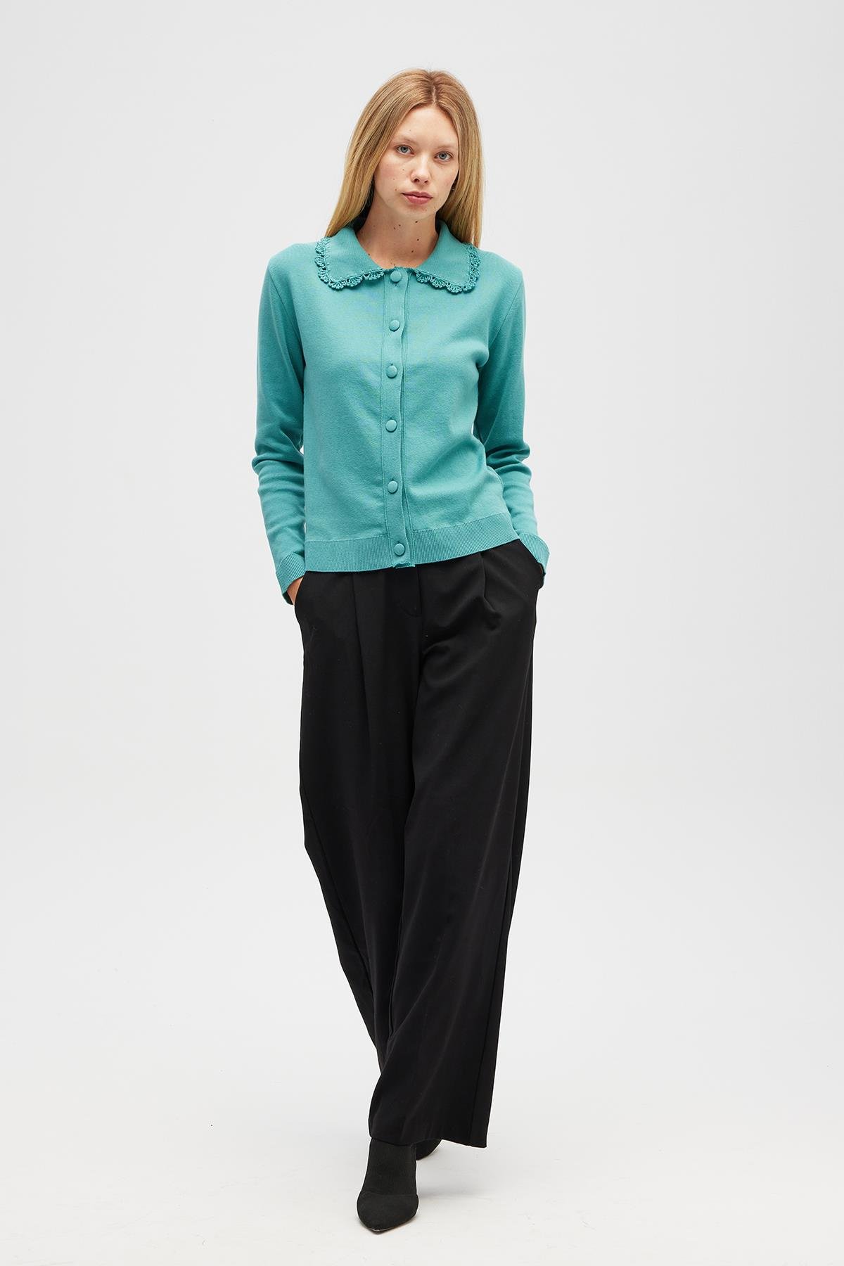 Peraluna Laila, Düz Örgü, Polo Yaka, Kadın Triko Hırka - Okaliptus Yeşil