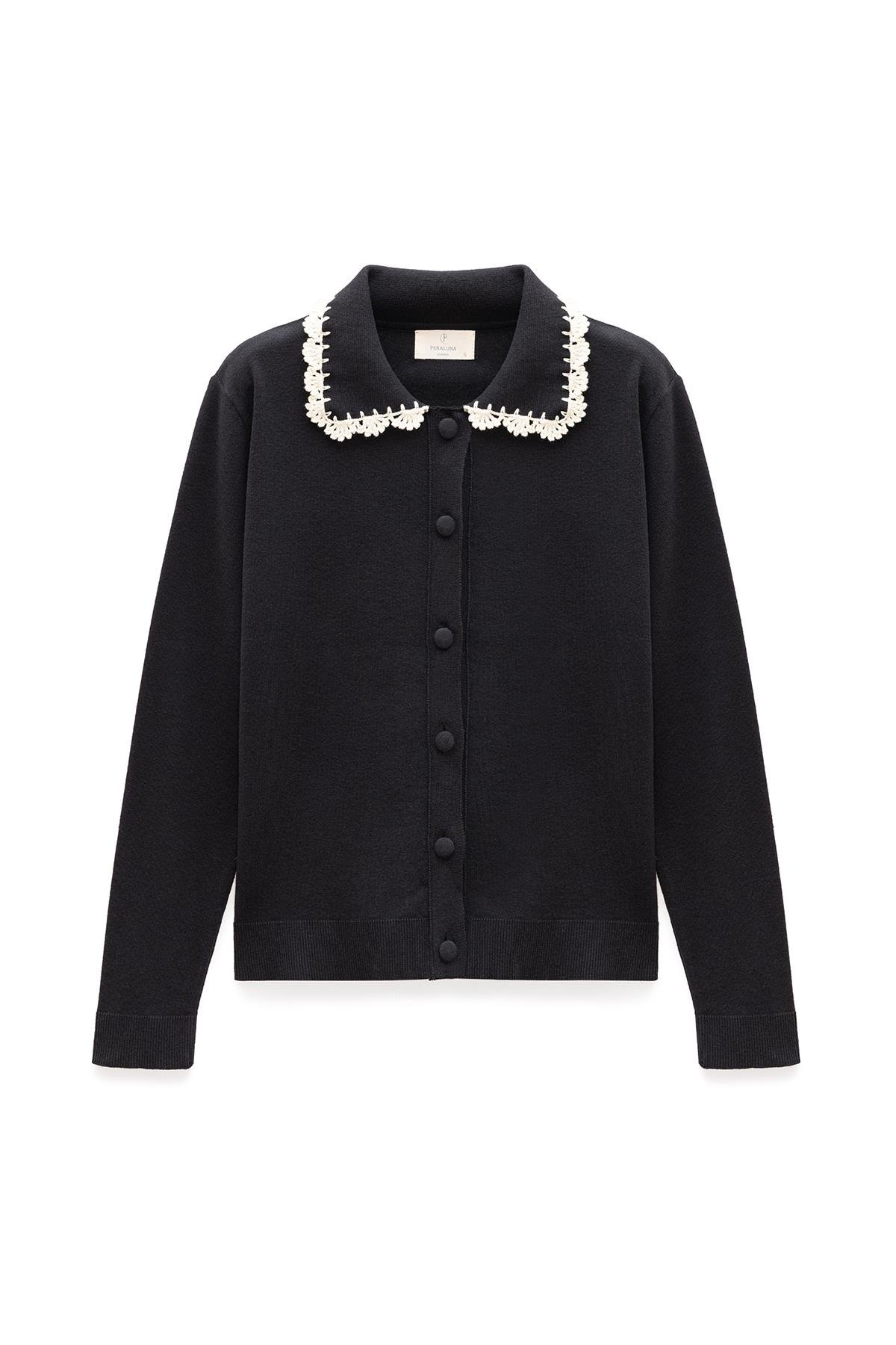 Peraluna Laila, Düz Örgü, Polo Yaka, Kadın Triko Hırka - Siyah