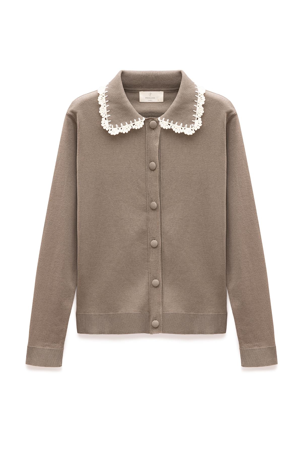 Peraluna Laila, Düz Örgü, Polo Yaka, Kadın Triko Hırka - Vizon